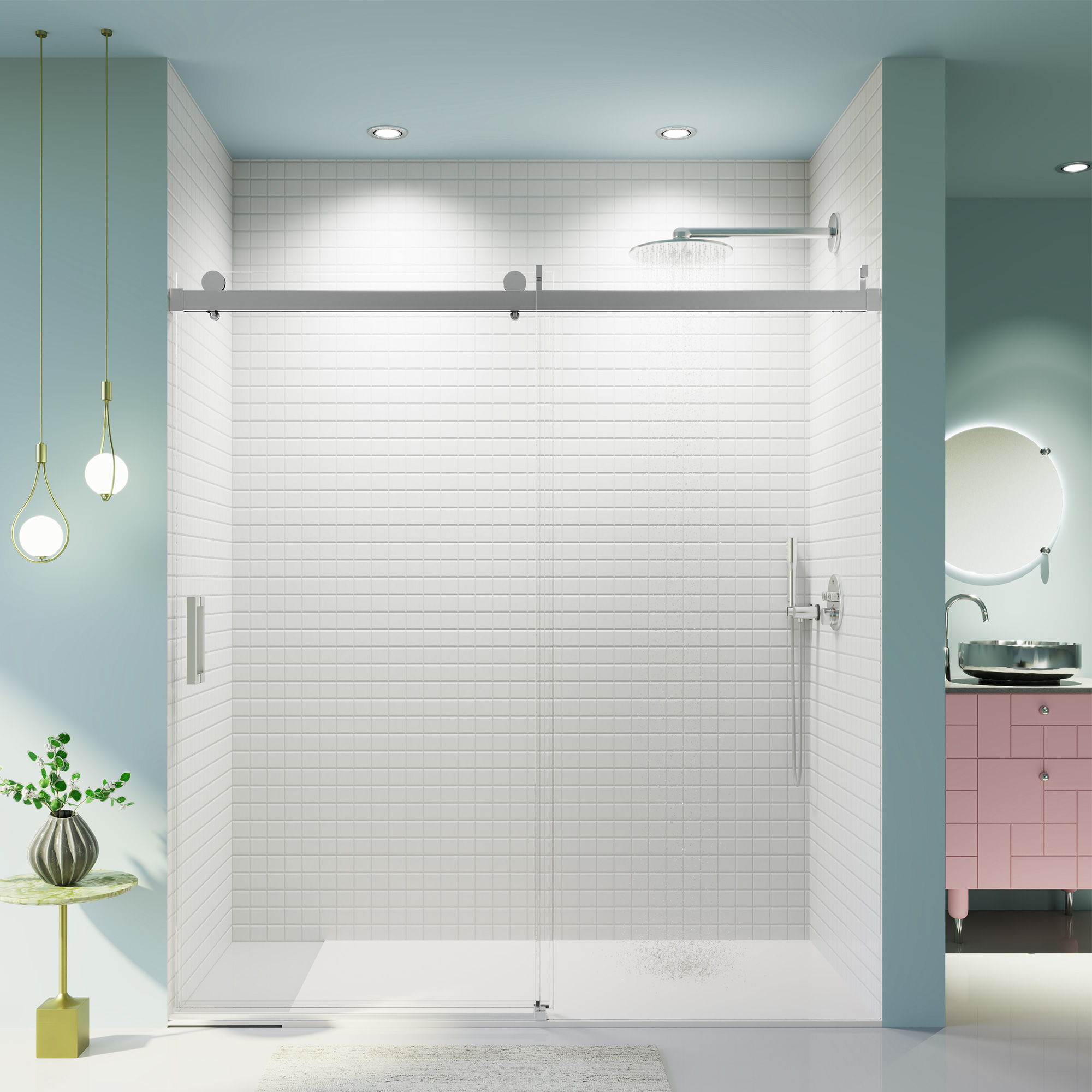 Frameless Sliding Shower Door With Soft- Close, 3 / 8" Tempered Glass