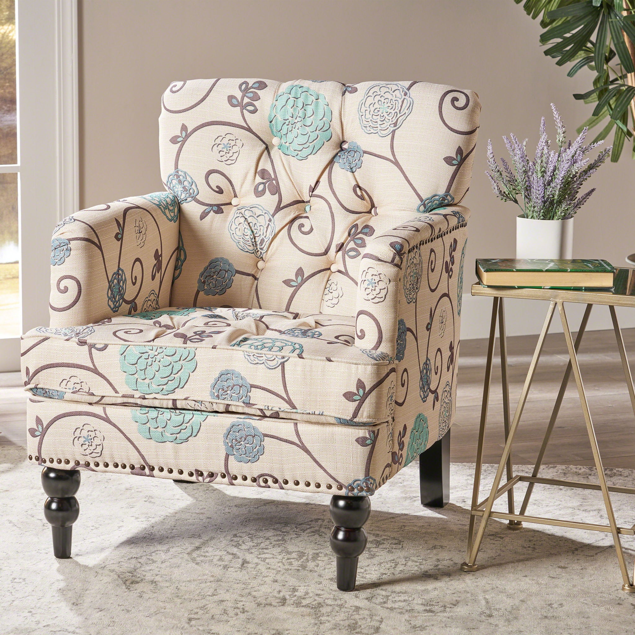 Vitality - Club Chair With Button Tufted Diamond Stitching And Turned Legs - Blue / White