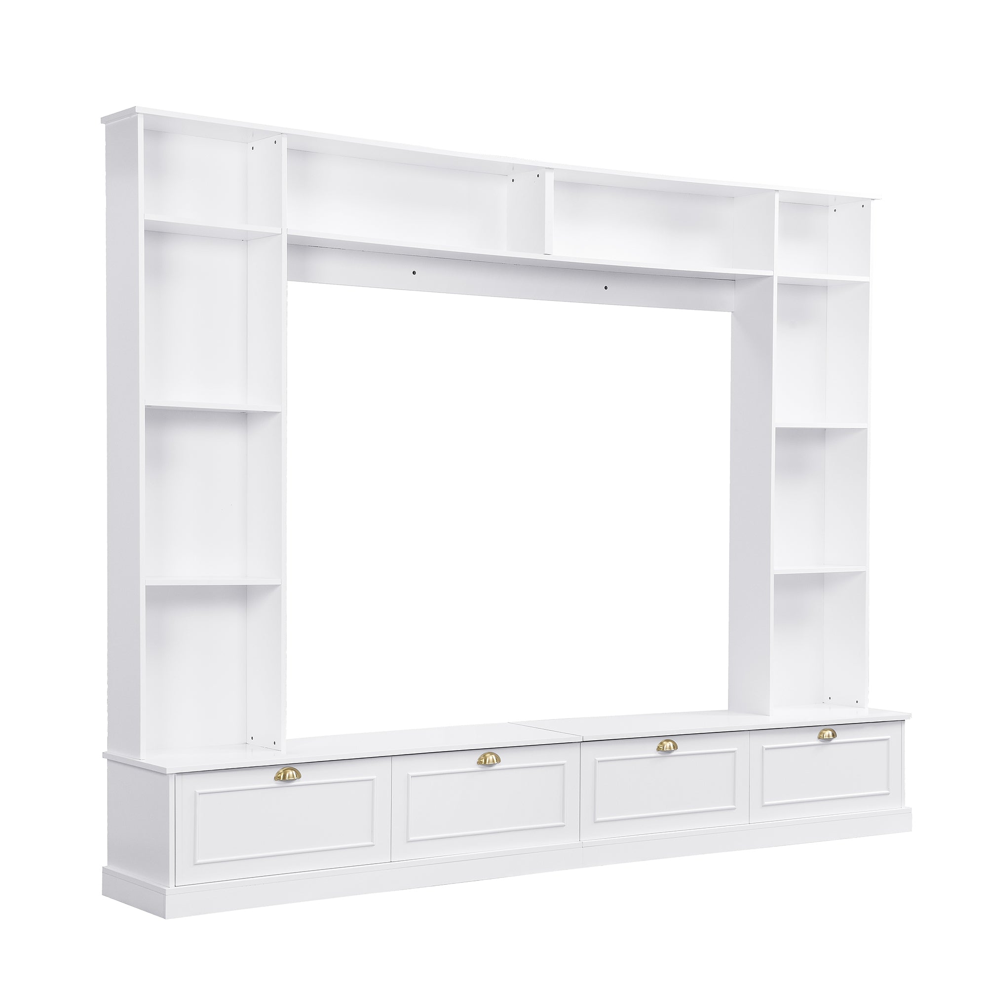 Large Wall Unit Entertainment Center with Bookshelves for TVs Up to 78" Modern TV Console with Cabinets and Open Shelves, 4-in-1 TV Stand with Golden Handles, White, 104.2&
