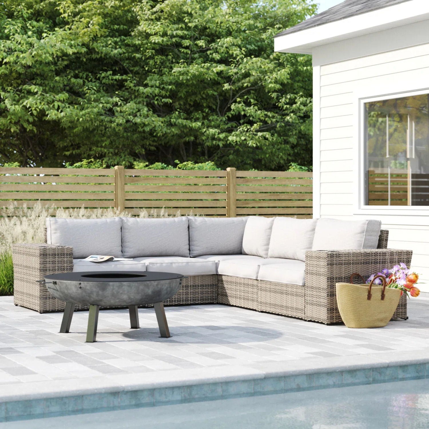 Wide Outdoor Wicker Patio Sectional With Cushions & Reversible Design - Gray