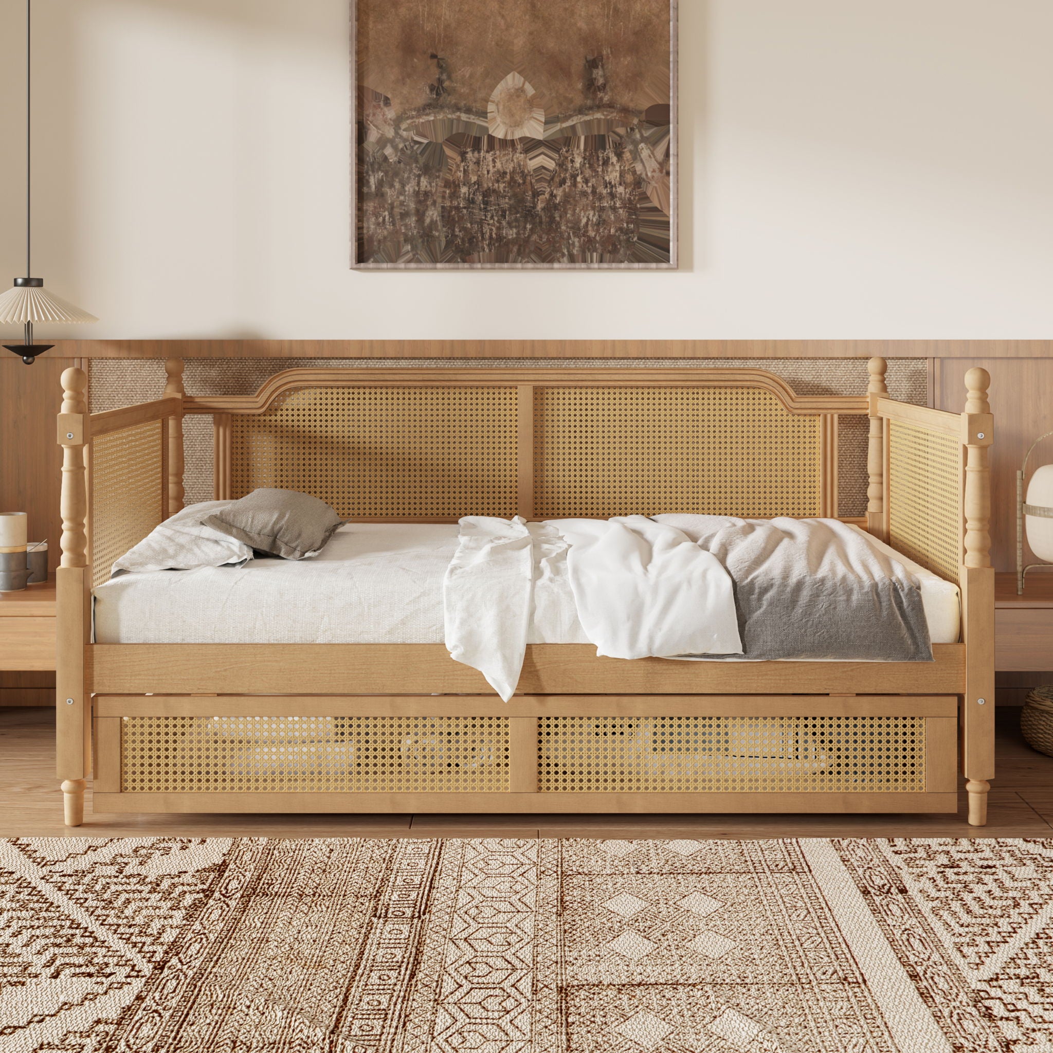 Traditional Style Rattan Daybed, No Box Spring Needed