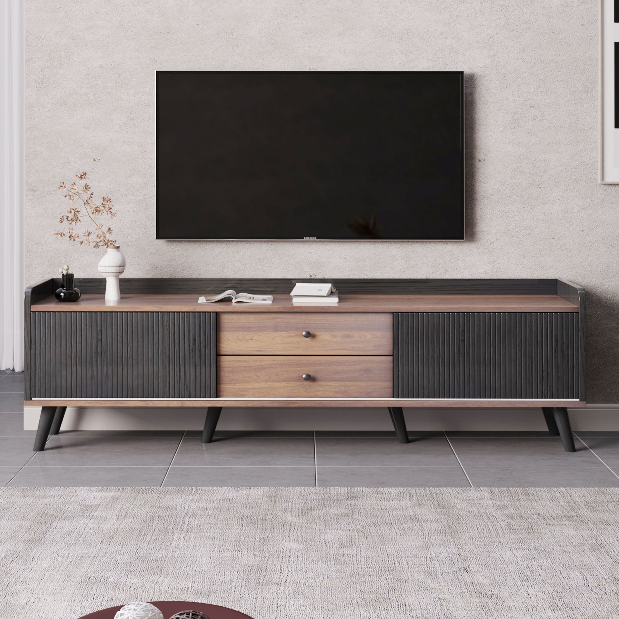 Mid Century TV Stand With 2 Cabinets & Open Compartments, Entertainment Center For Tvs Up To 70&