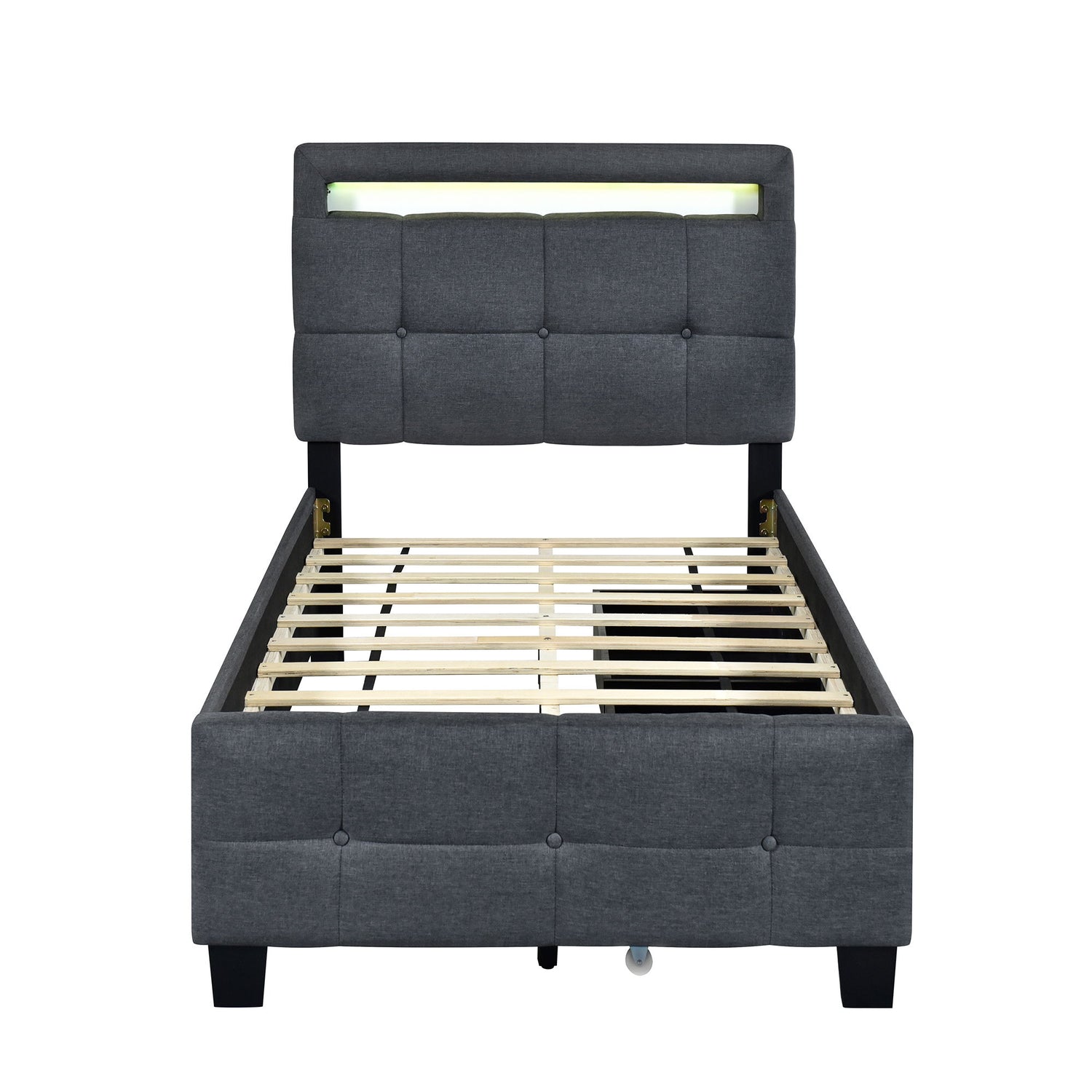Upholstered Platform Bed With LED Frame, With Trundle And 2 Drawers