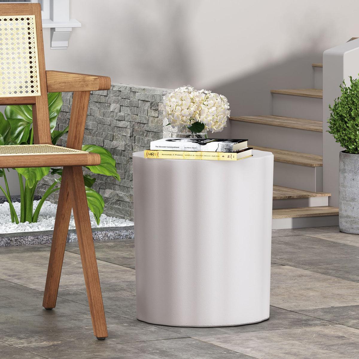 Outdoor End Table With Soft Wave Edge - Antique White
