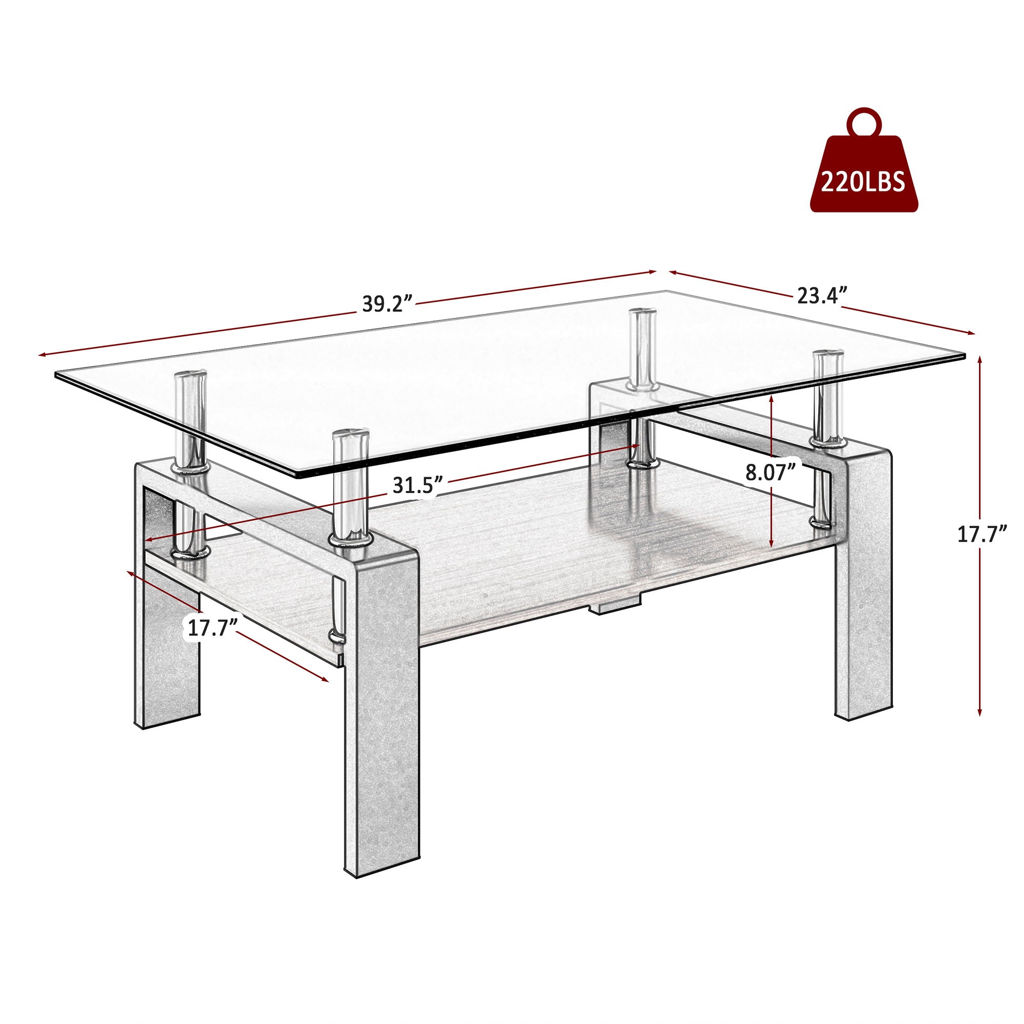 Modern Rectangular Coffee Table With Tempered Transparent Glass Top And Storage Shelf