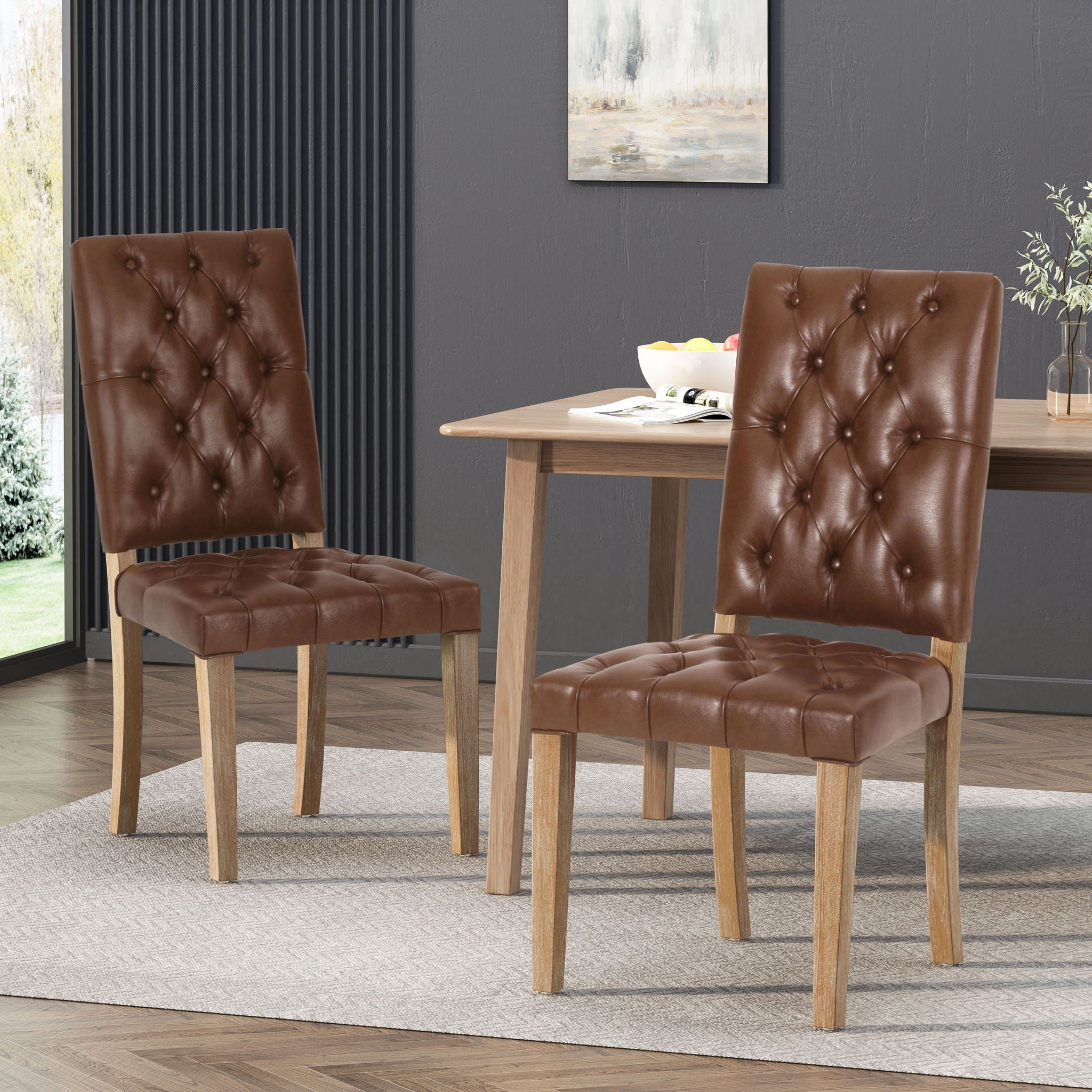 Sophisticated Dining Chair Set With Button Tufting - Light Brown / Weathered Wood