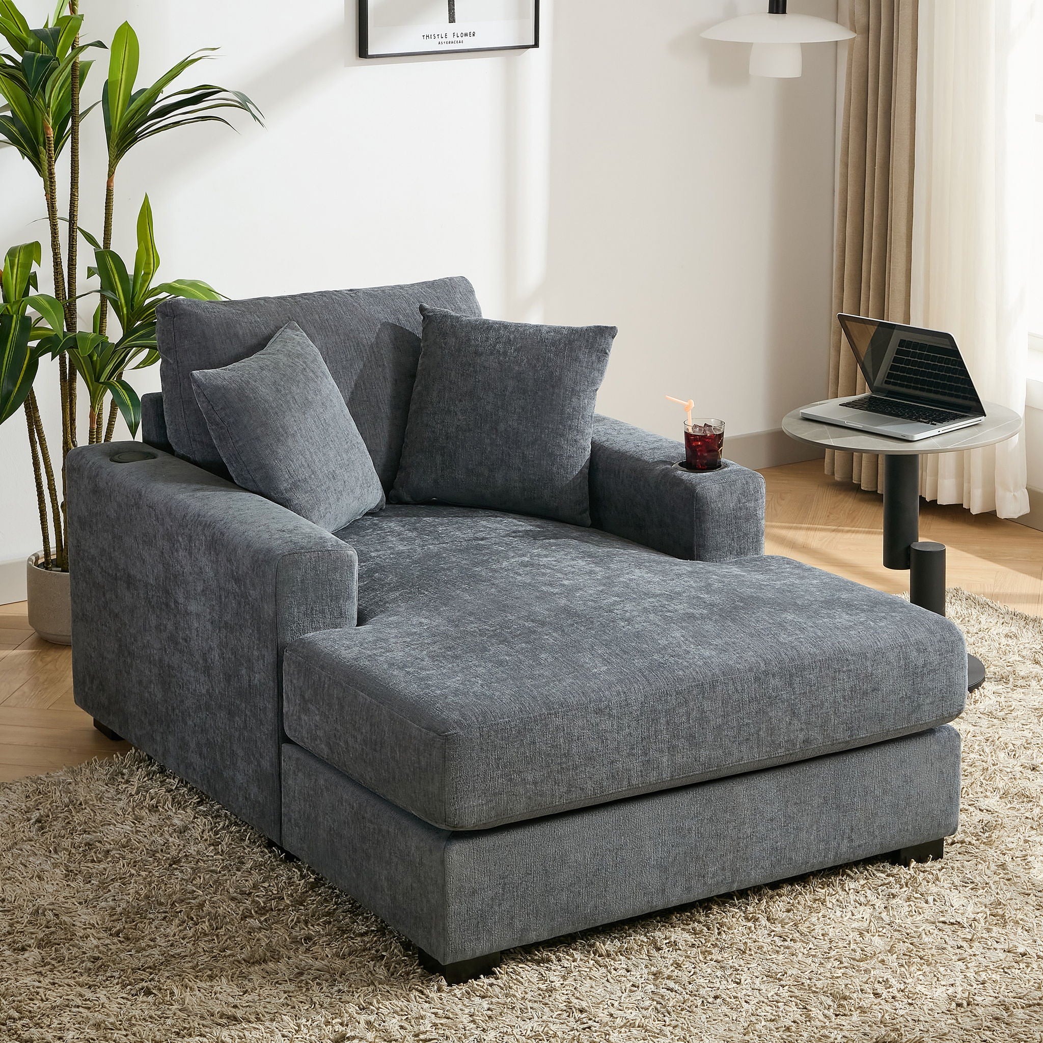 Oversized Chaise Lounger Modern Style Sofa Couch, With Pillows, Charge Station & Cup Holders