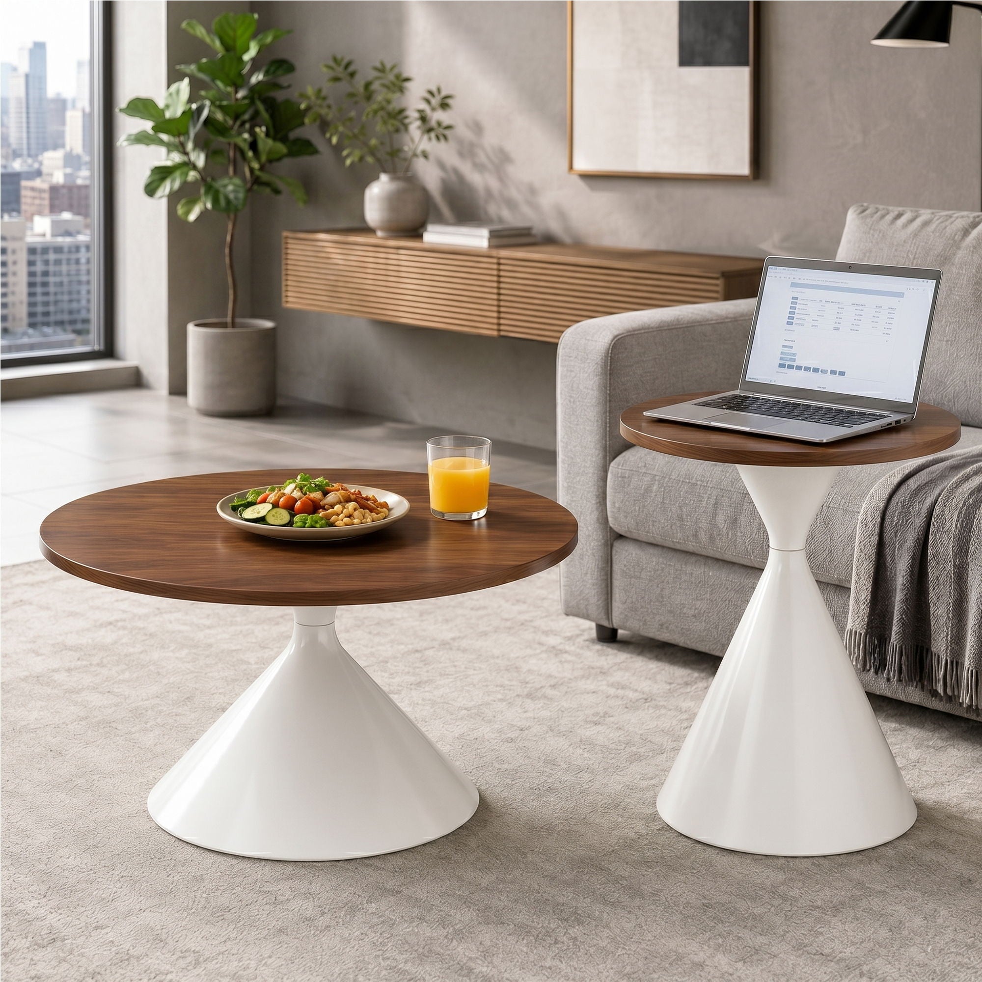 2 Piece Round Coffee Table Set - Walnut / White
