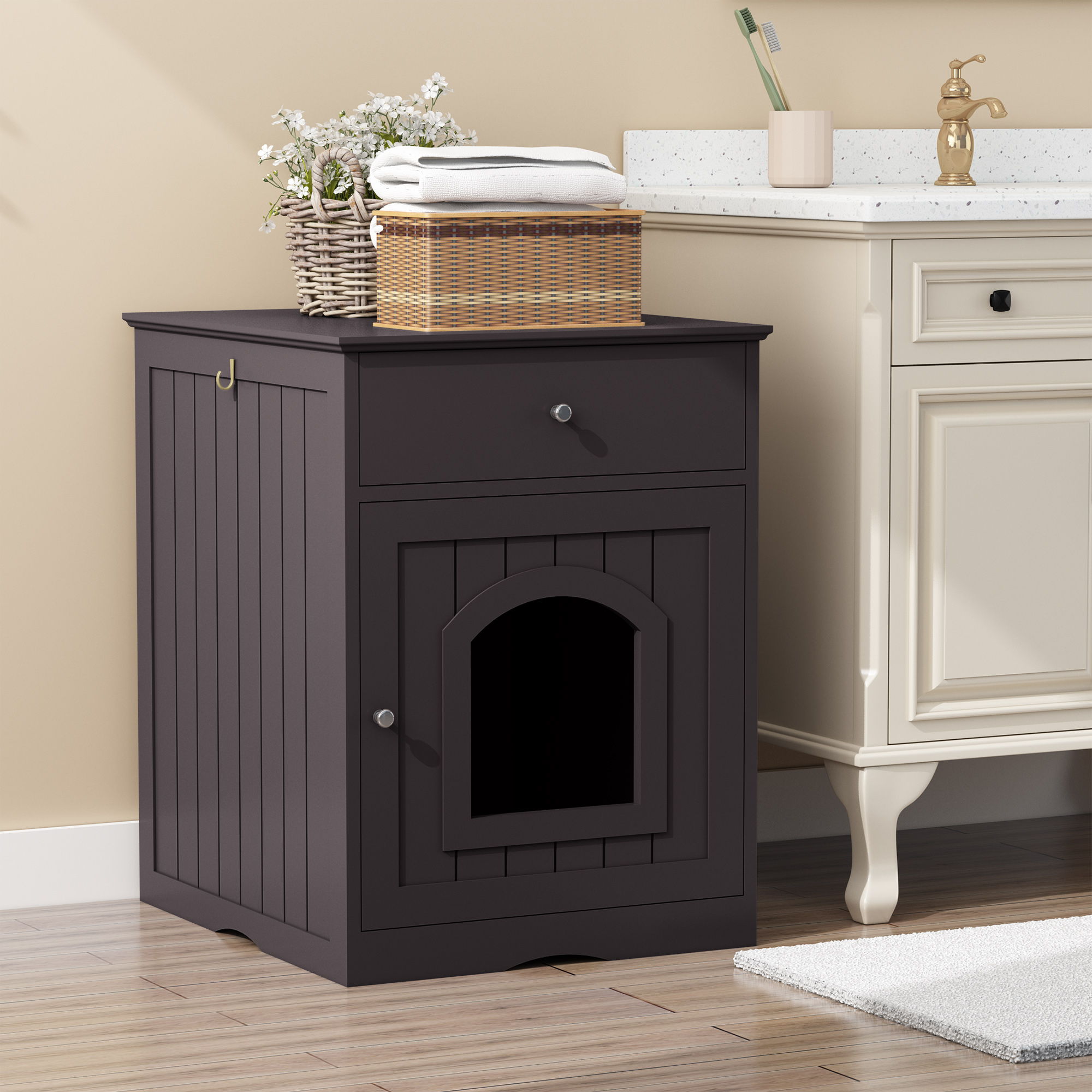 Pet House Cat Litter Box Enclosure With Drawer, Side Table