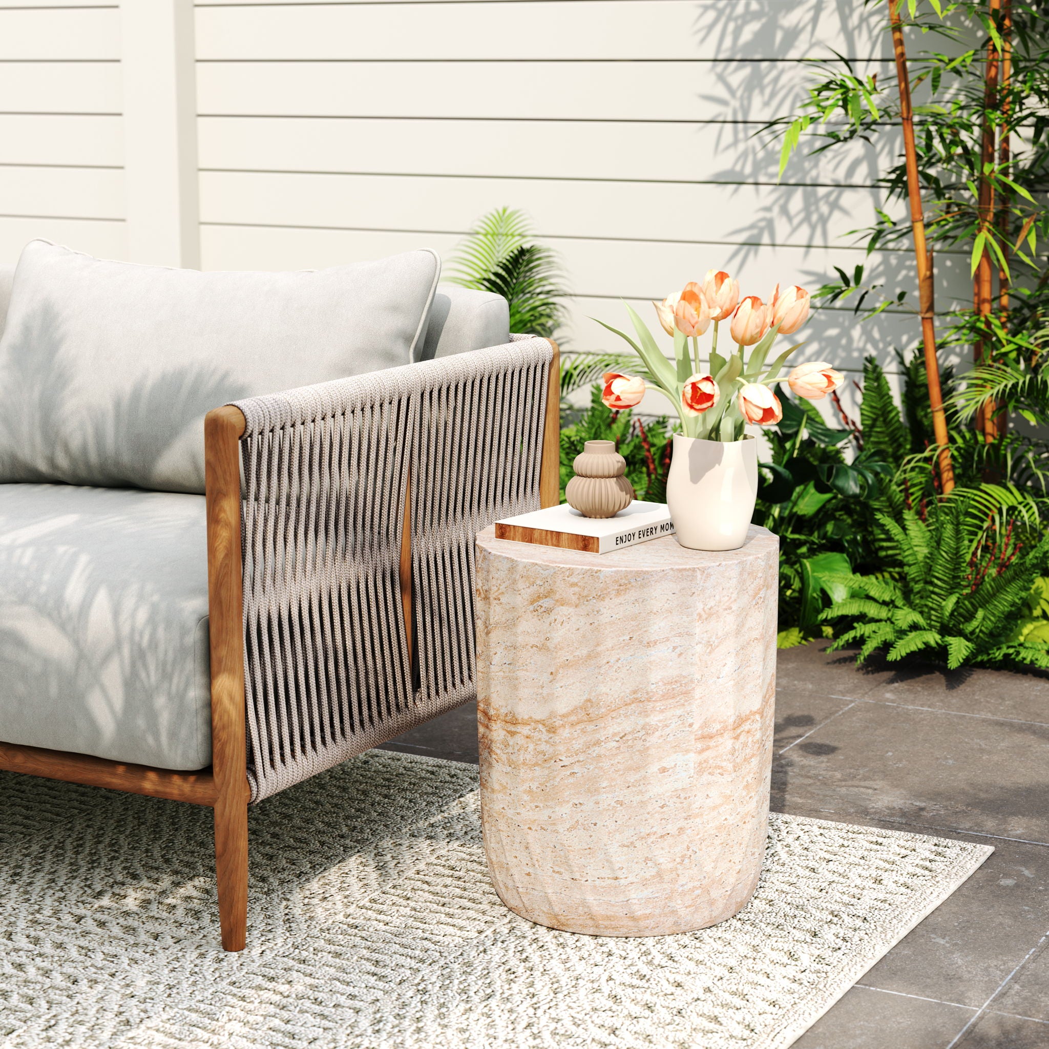 Outdoor / Indoor Lightweight Concrete Side Table, Cylinder Travertine Finish Accent Table - Beige