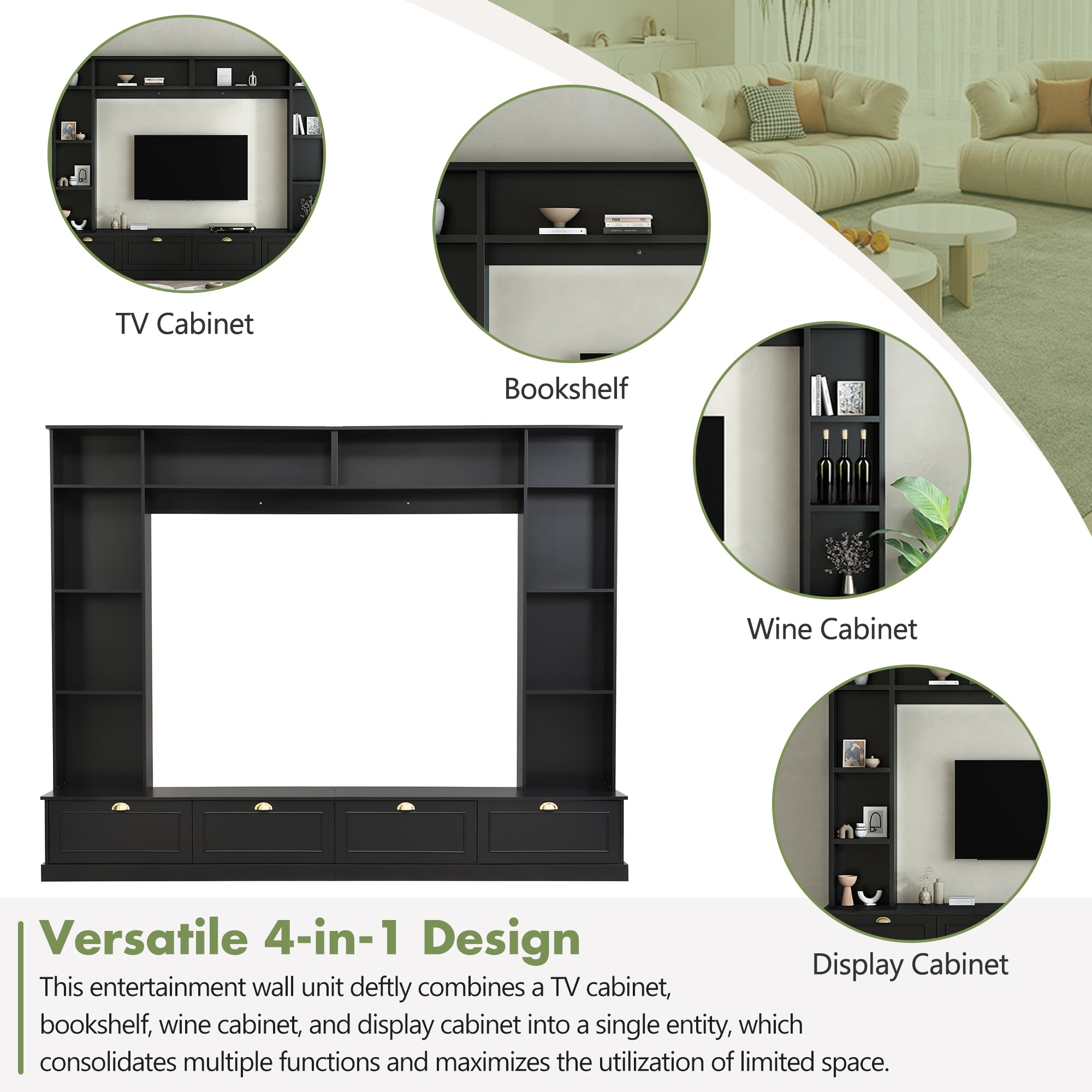 Large Wall Unit Entertainment Center with Bookshelves for TVs Up to 78" Modern TV Console with Cabinets and Open Shelves, 4-in-1 TV Stand with Golden Handles, Black, 104.2&
