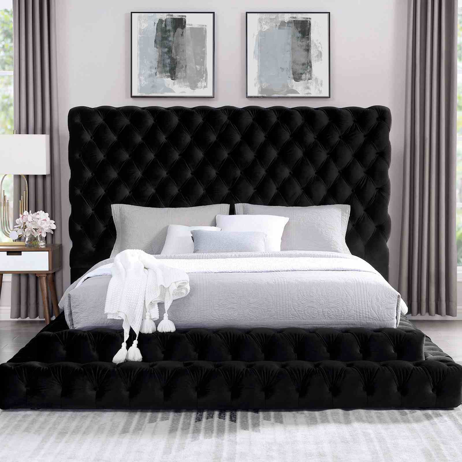 Tufted Oversized Headboard Platform Bed With Fully Upholstered Frame