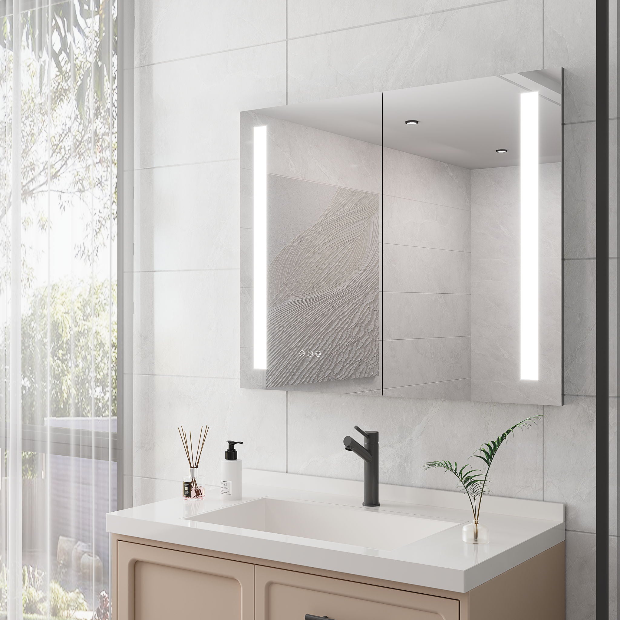 LED Medicine Cabinet With Mirror, Double Door With Defogger, Dimmer, Surface Mount