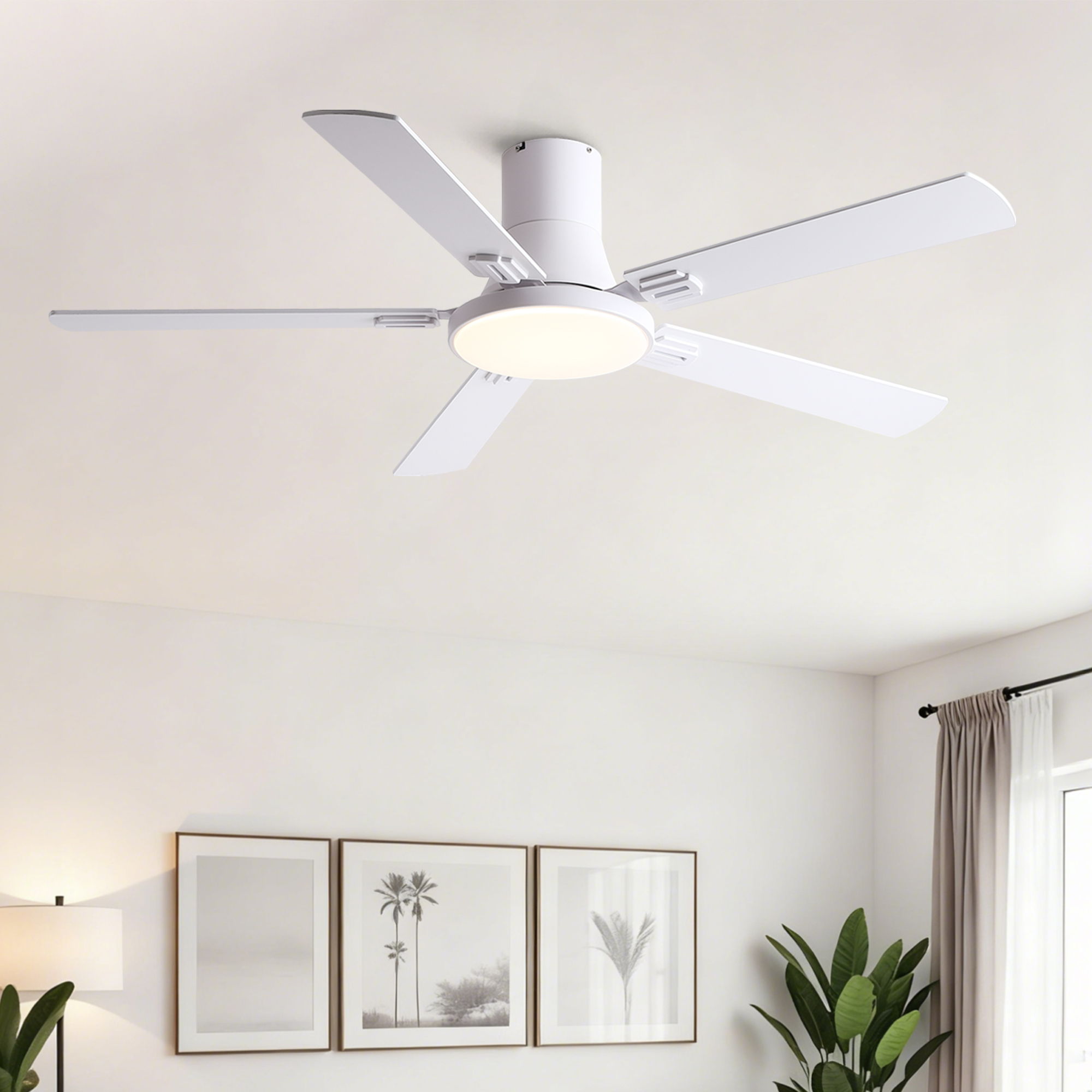 Flush Mount Ceiling Fans With LED Light And Remote Control, 5 Blades