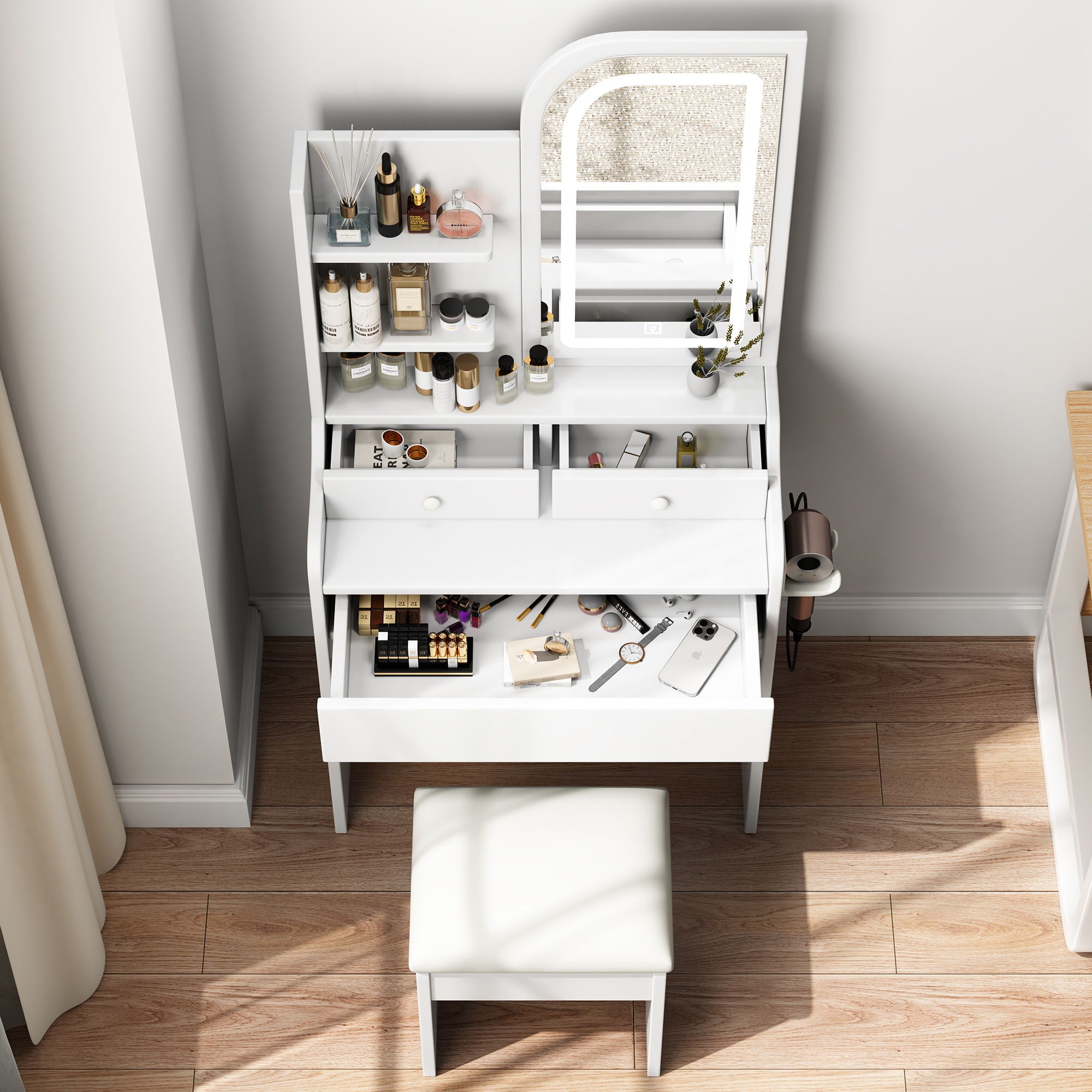 Fashion Vanity Desk With Mirror And Lights For Makeup, Hair Dryer Holder And Chair, Adjustable Lighting - White