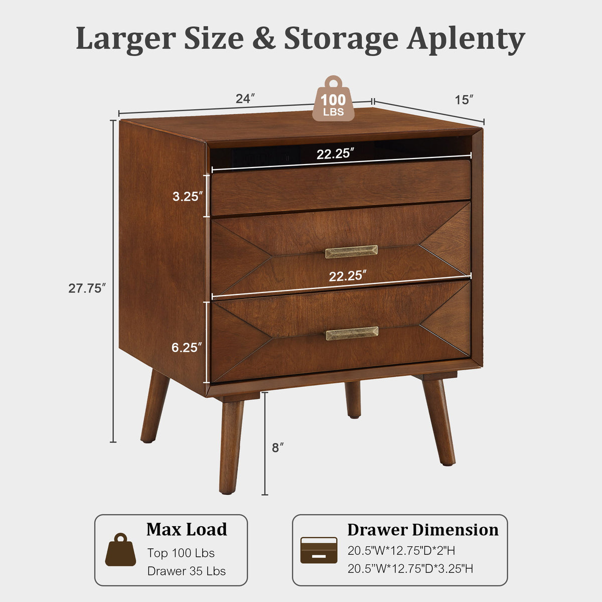 Nightstand With Charging Station, Bedside Table, 2 Drawers And Open Shelf, USB / Type C Ports For Bedroom - Walnut