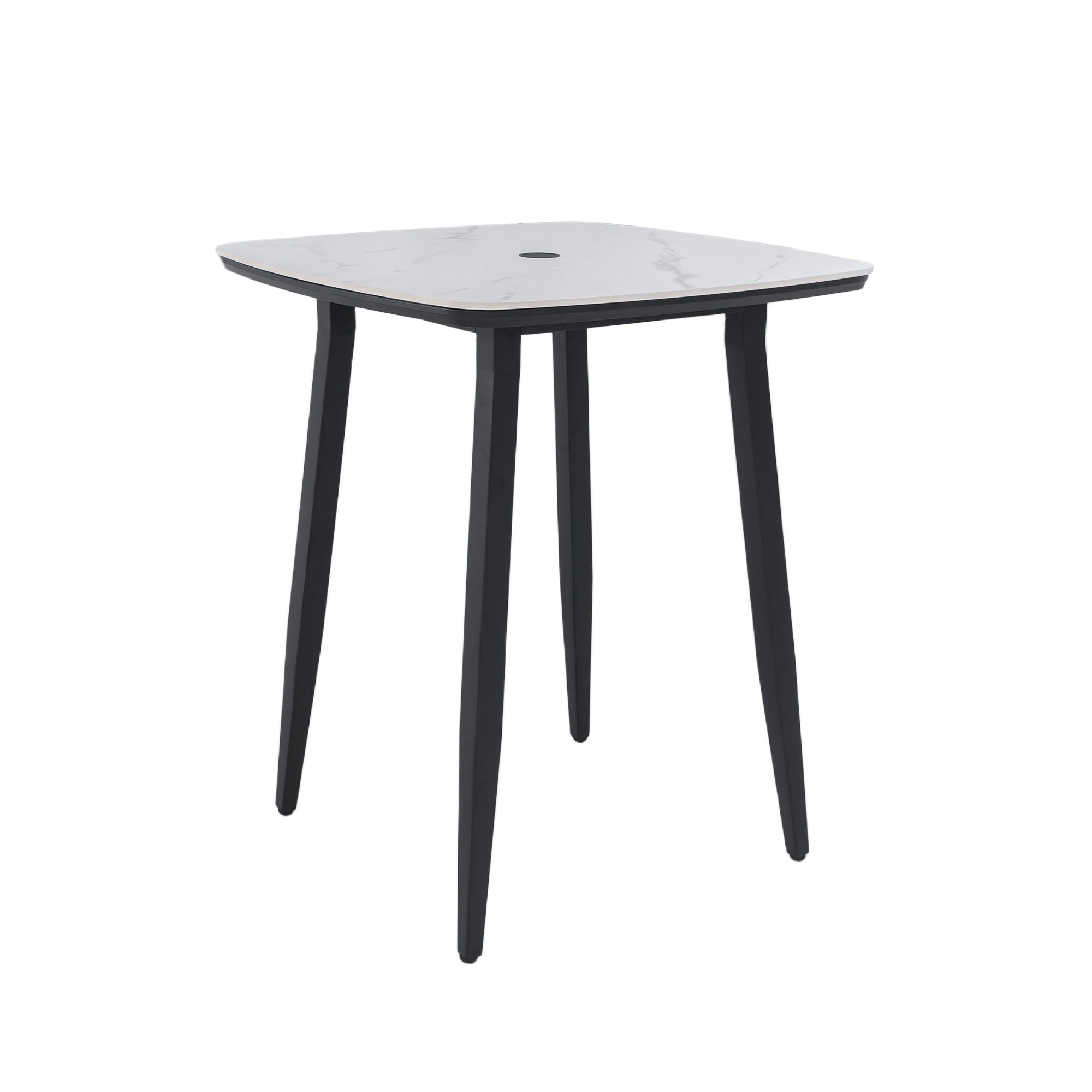 Outdoor Bar Table, Rounded Square Sintered Stone Top With Umbrella Hole, Rust Free Frame, Weatherproof - Ember Black / White