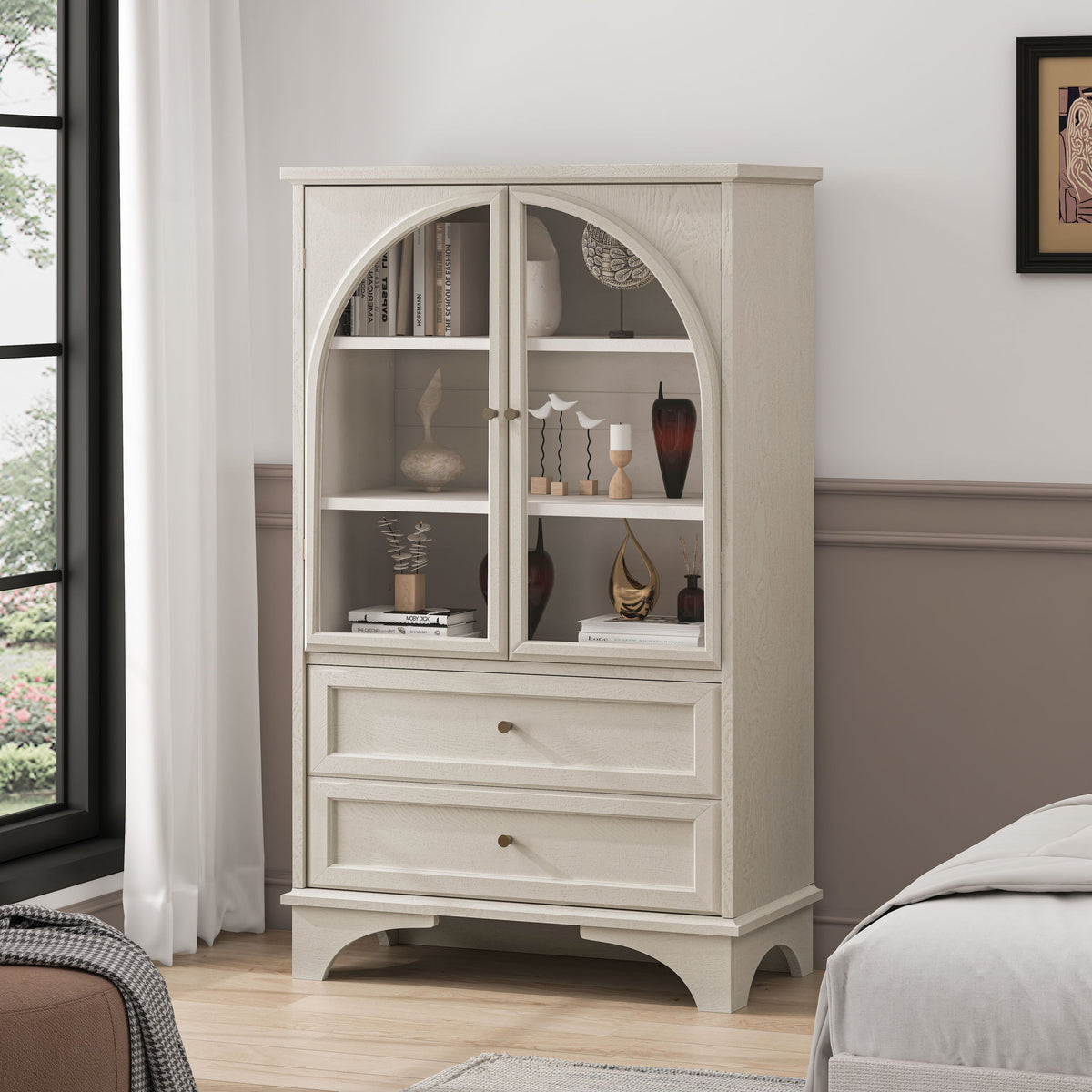 Glass Door Display Case With 2 Drawers And Adjustable Shelf