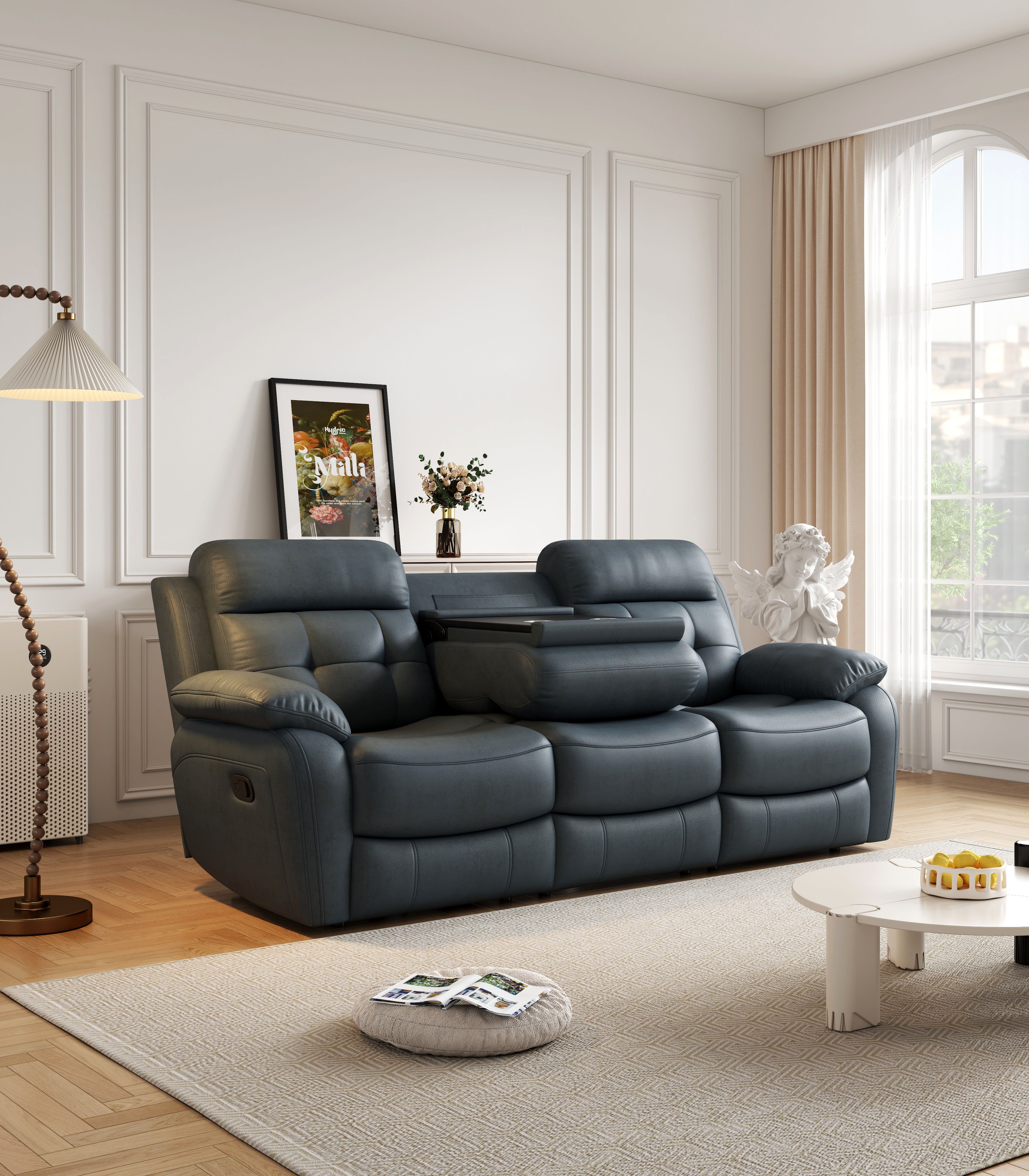 Genuine Leather Non Power Reclining Sofa With Drop Down Table, Stainless Steel Cupholders And Magazine Bag
