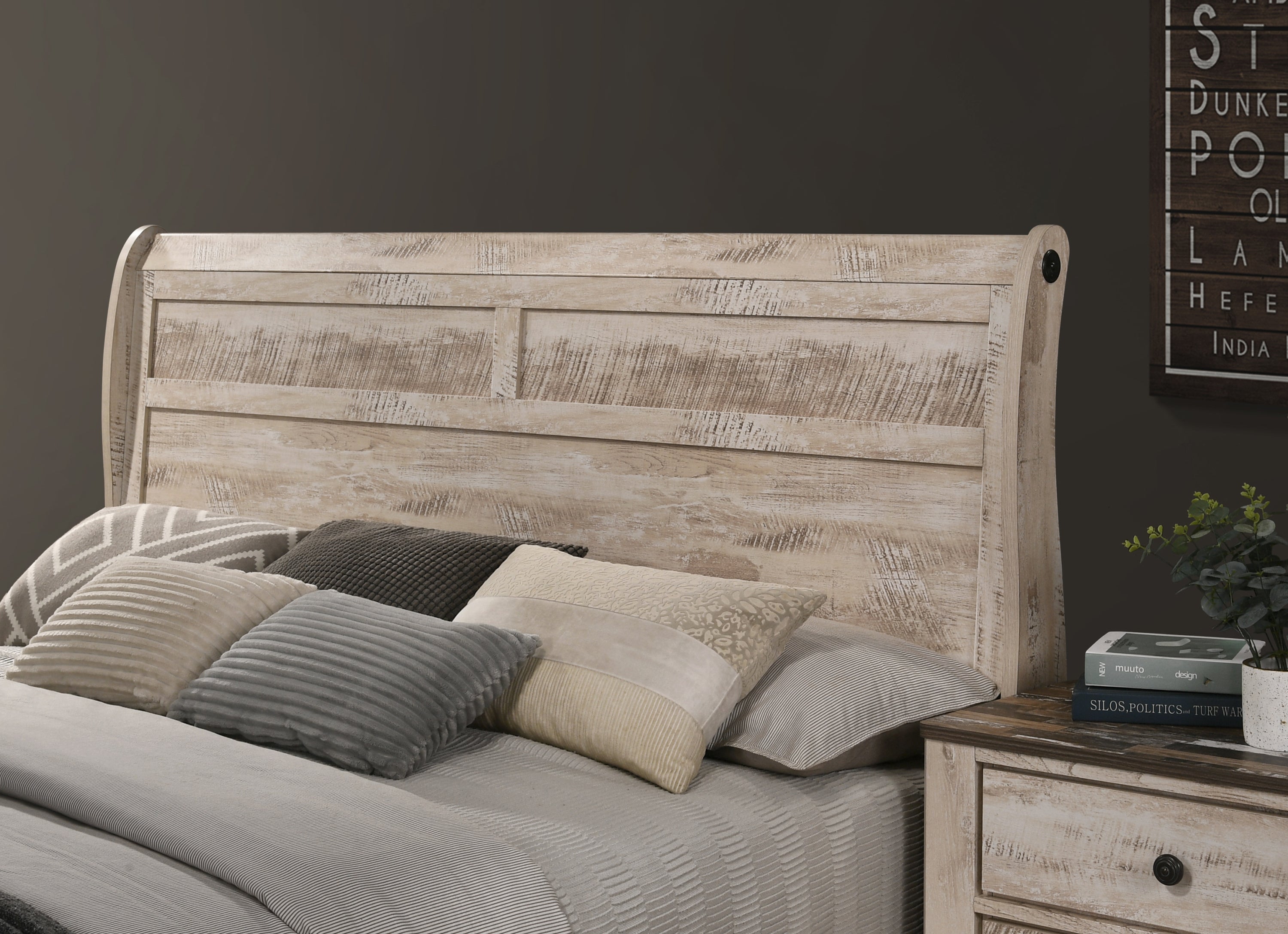 Imerland Contemporary White Wash Finish 3-Piece Bedroom Set-Sleigh Bed and Two Nightstands, King Size