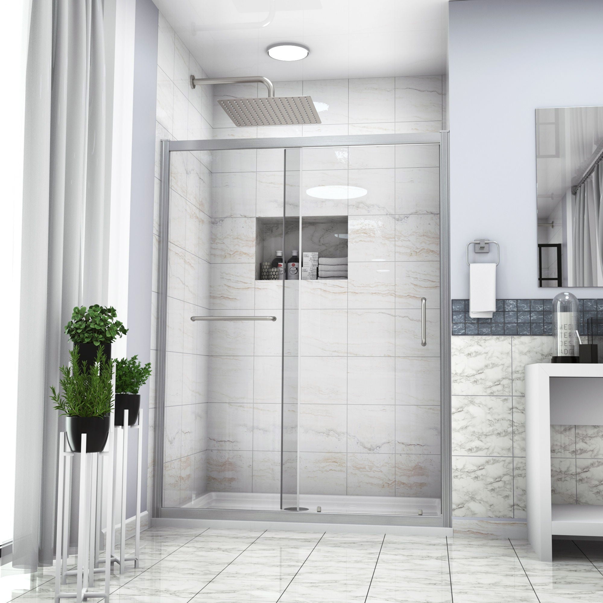 Single Sliding Bypass Shower Door, Tempered Glass Enclosure