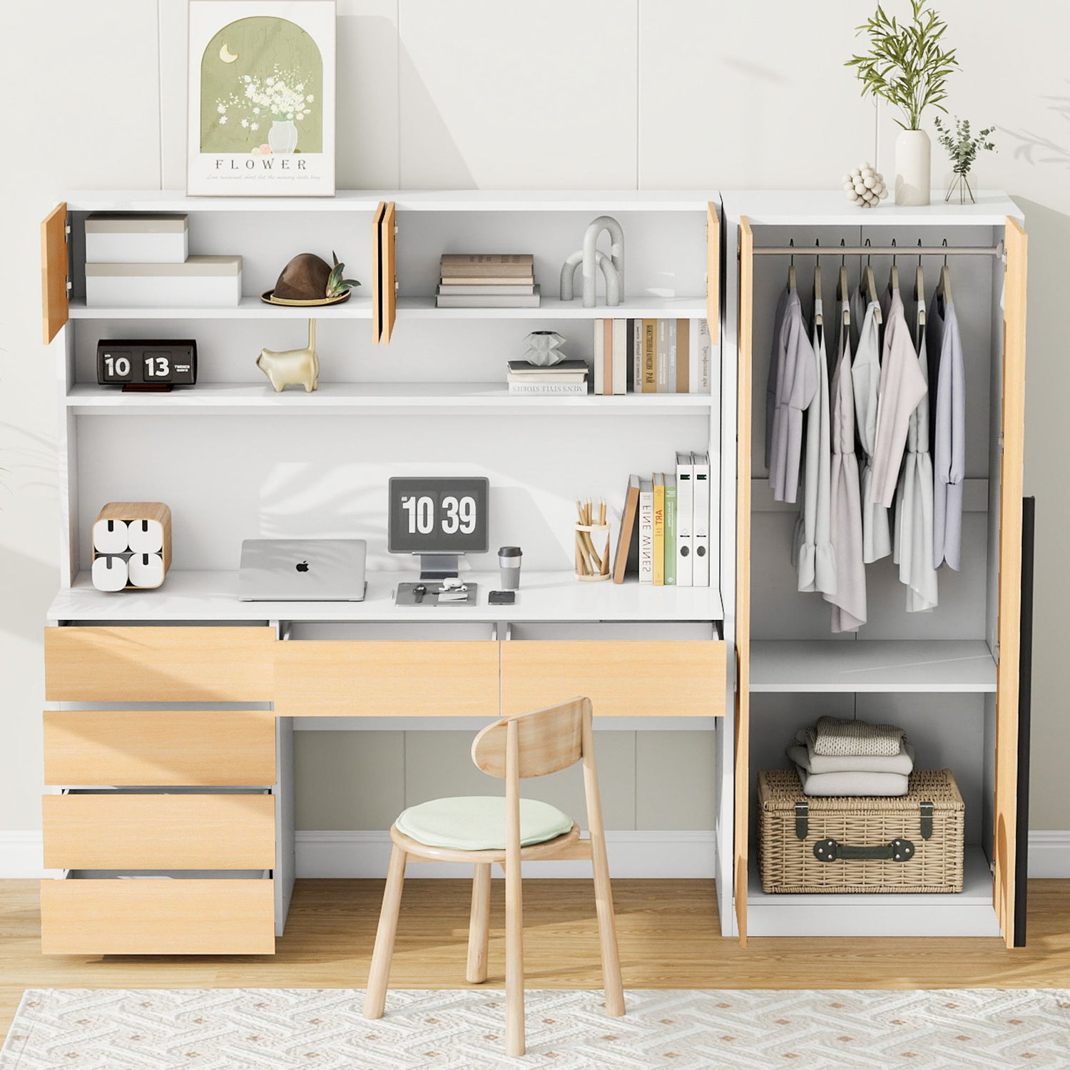 2 Door Storage Desk Wardrobe For Bedroom With Shelves And Drawers