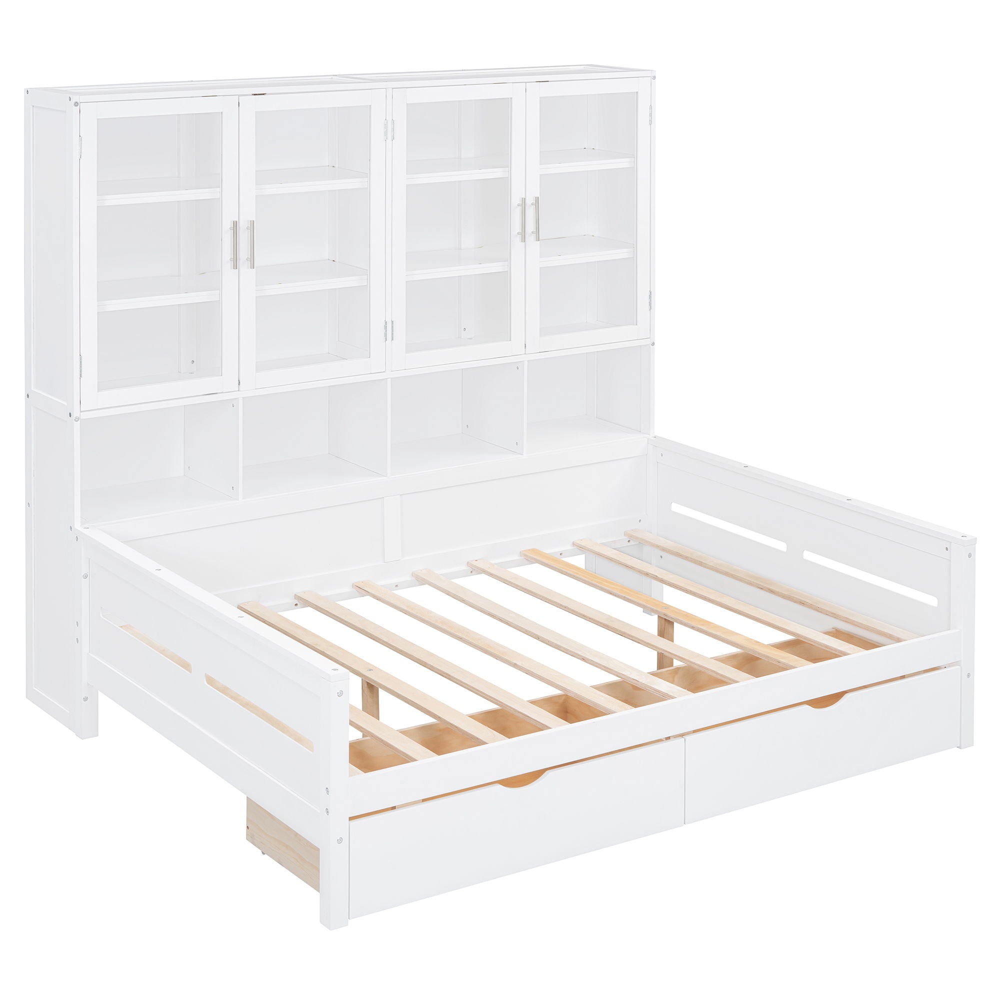 Daybed With Glass Door Storage Cabinets, Built In LED Lighting And Shelves