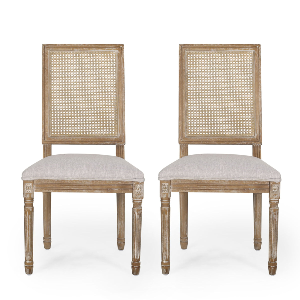 French Country Dining Chair With Rectangular Cane Backrest And Smooth Upholstered Seating