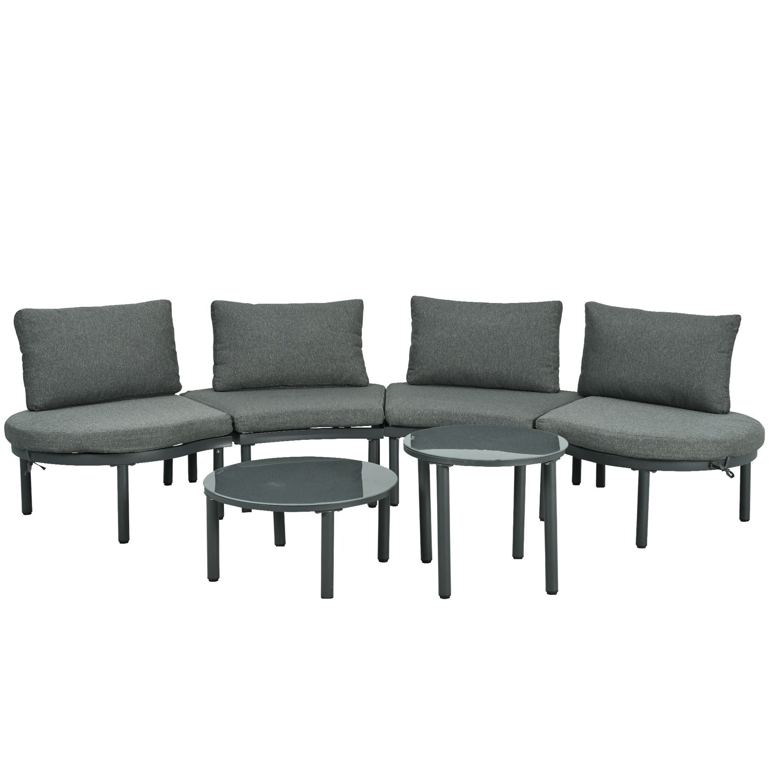 6 Piece Patio Set, Half Moon Outdoor Sectional Sofa With 2 High Low Coffee Tables, 4 Pillows & Cushions