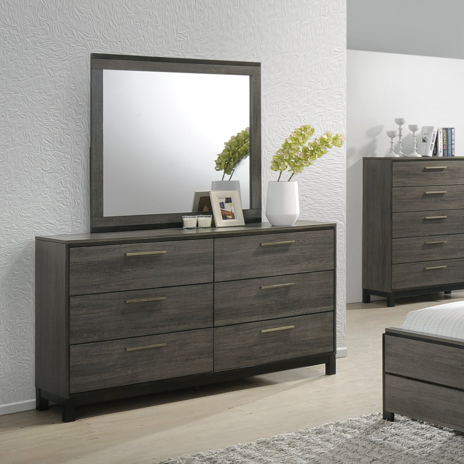 Ioana Antique Grey Finish Wood Bed Room Set, Queen Size Bed, Dresser, Mirror, Night Stand, Chest