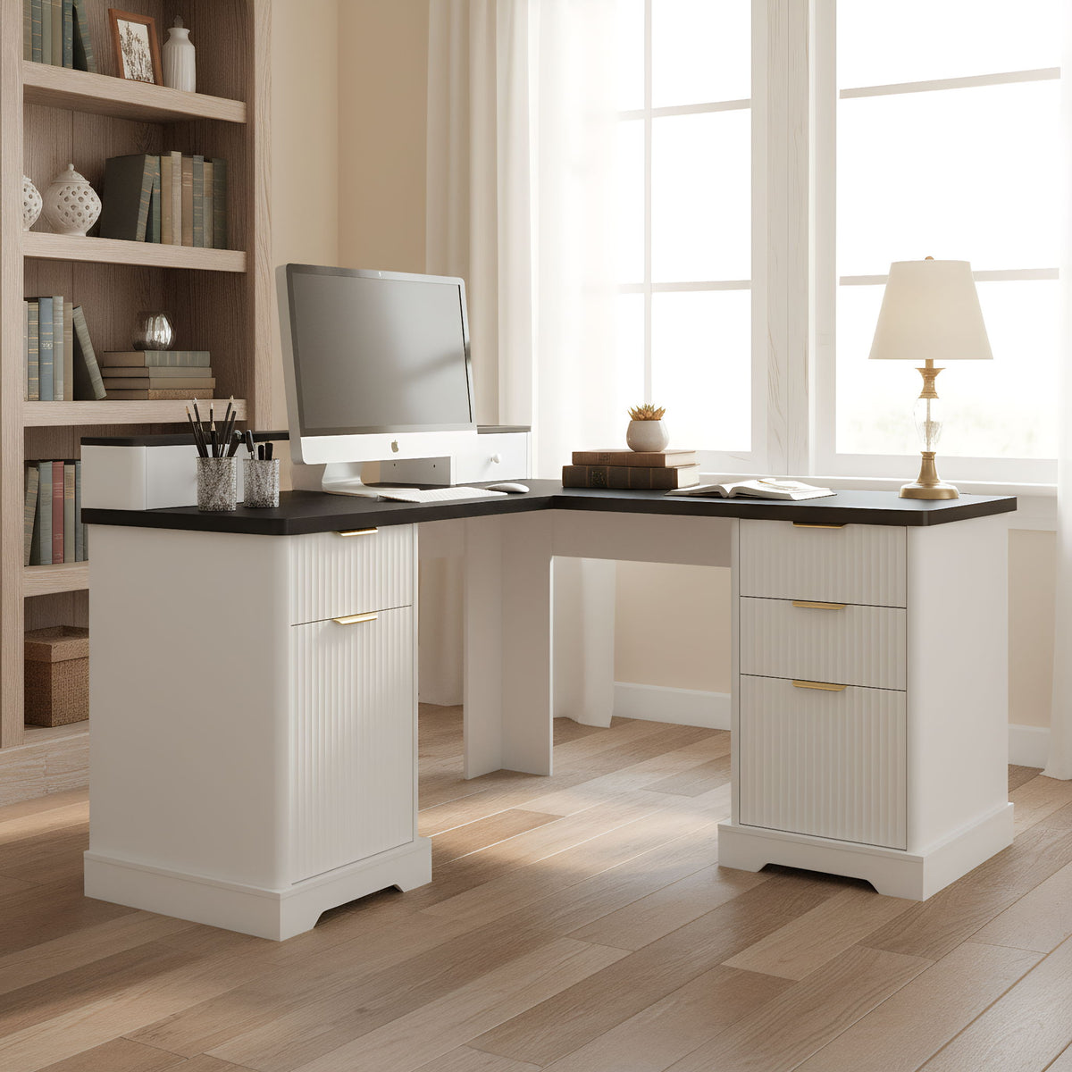 L-Shaped Desk With Charging Station & Storage Cabinet, Home Office Desk With Monitor Stand, File Drawer, Adjustable Shelf - White