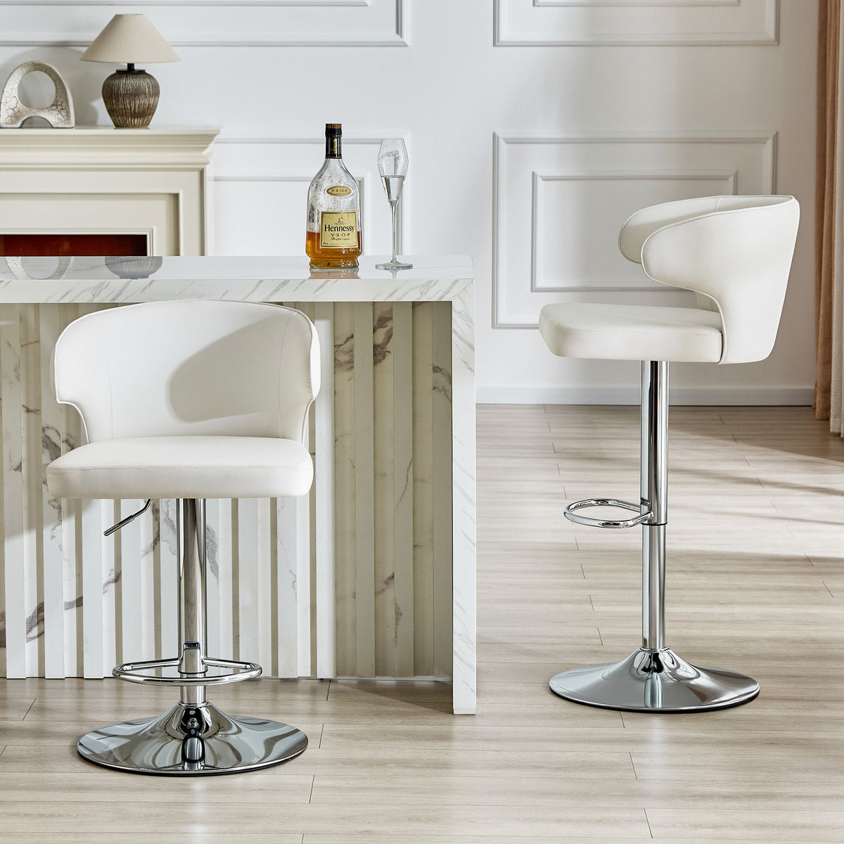 Adjustable Swivel Bar Chair With High Back Support For Kitchen Counter (Set of 2) - White / Silver