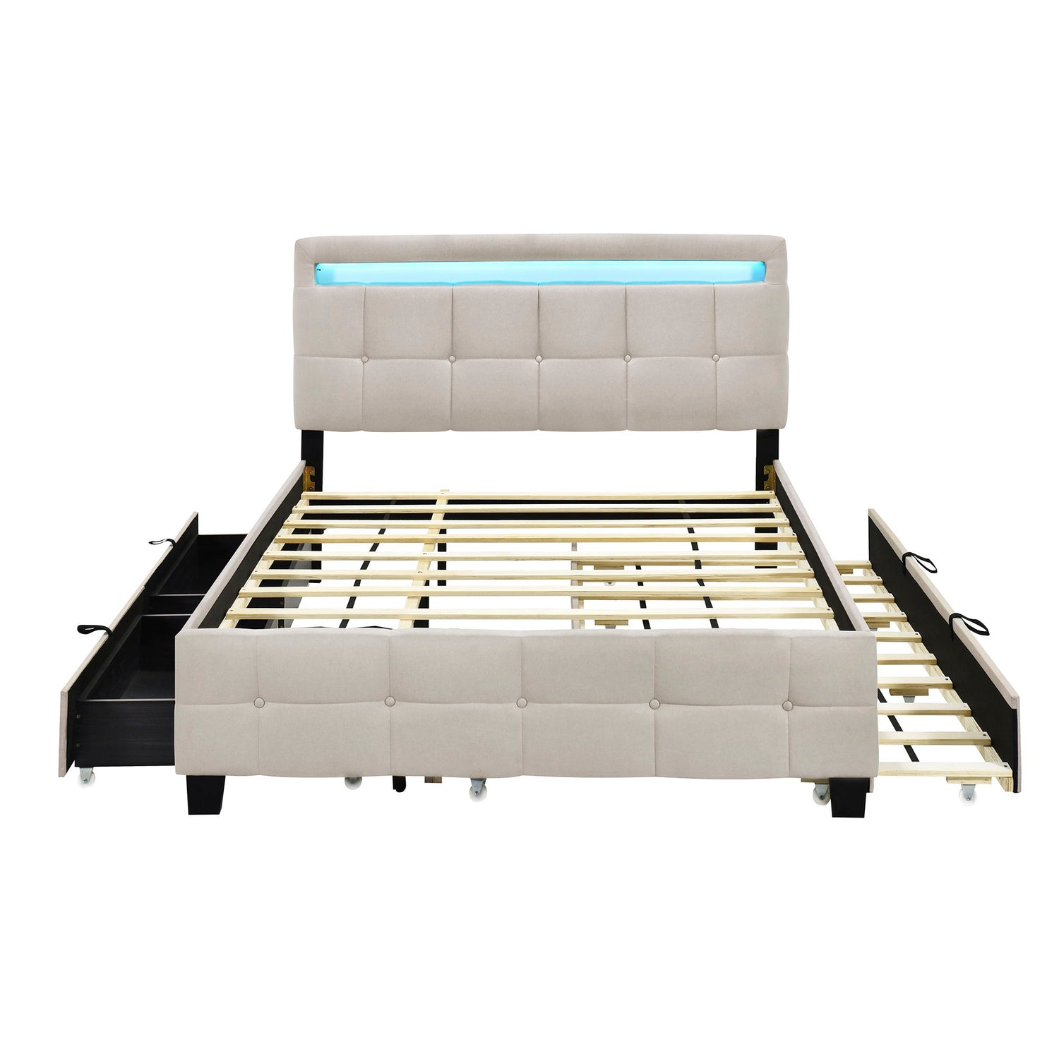 Upholstered Platform Bed With LED Frame, With Trundle And 2 Drawers