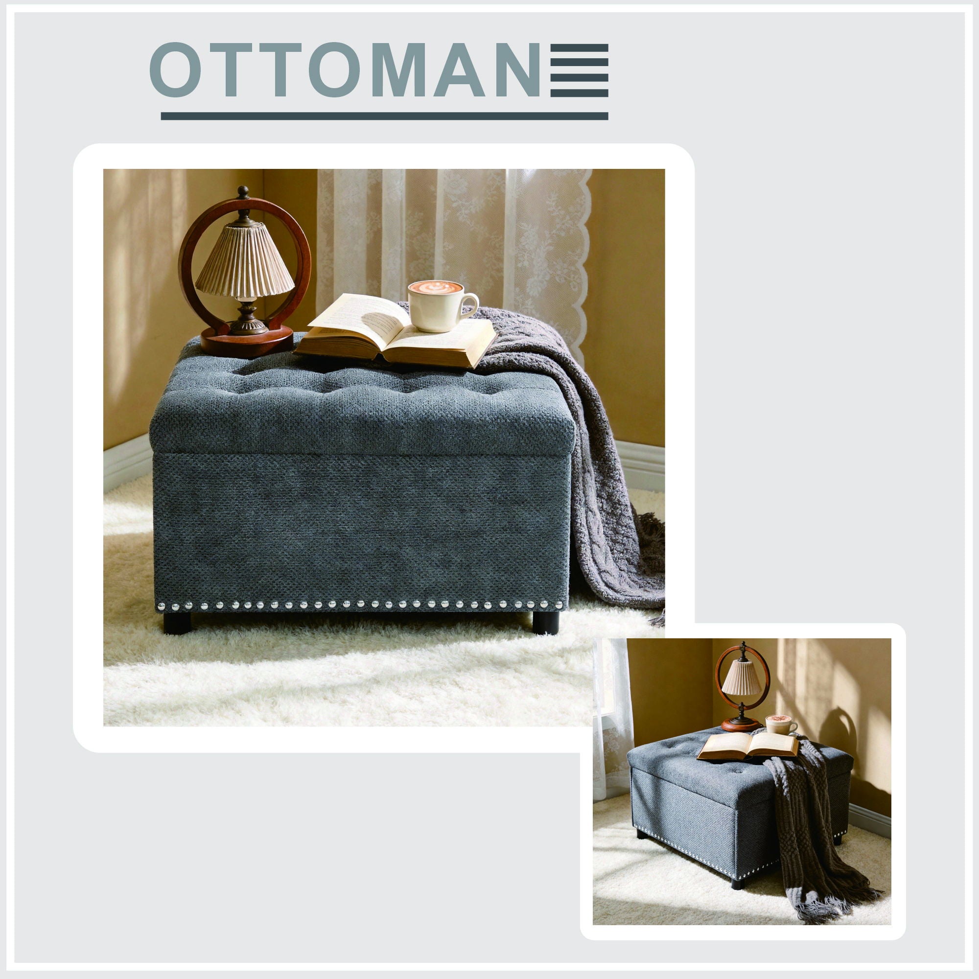 Square Tufted Storage Ottoman With Nailhead Trim