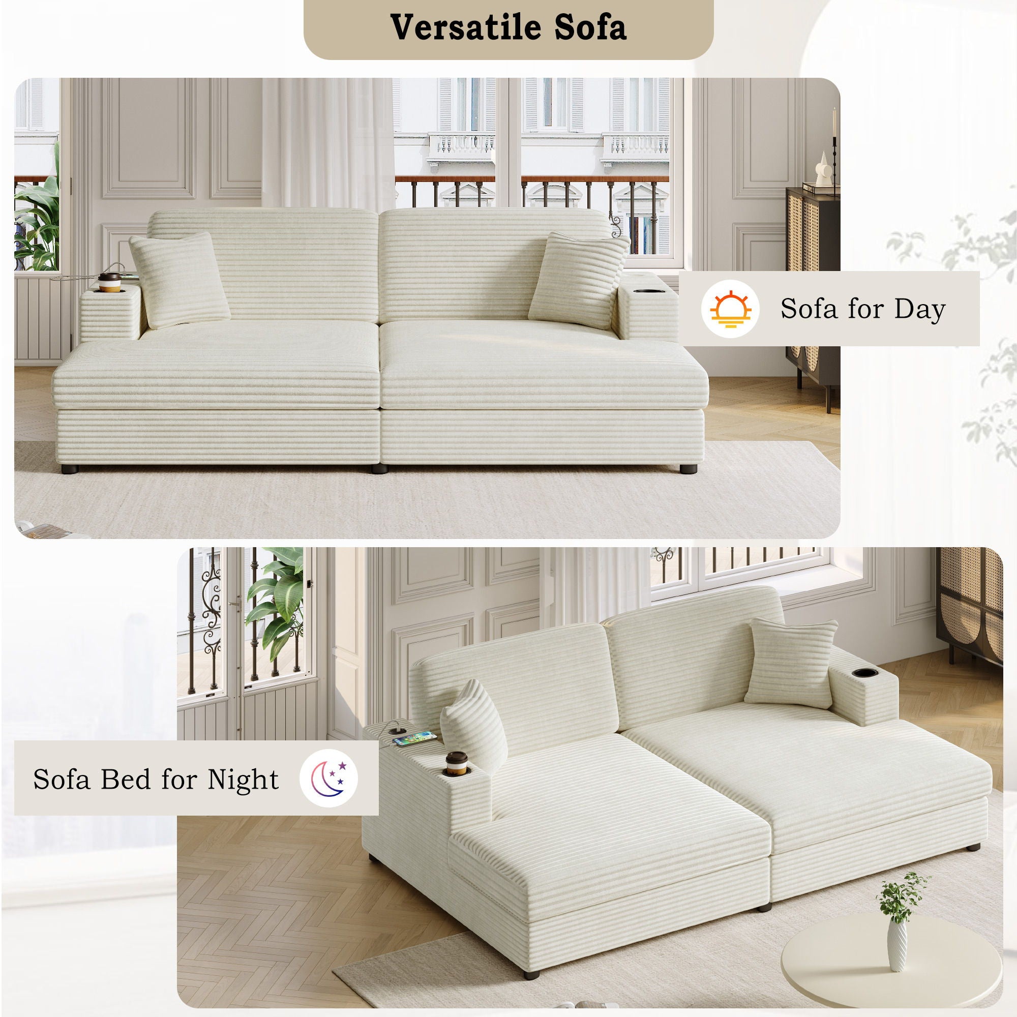 Oversized Loveseat Chaise With 2 USB Ports, 2 Cup Holders And 2 Throw Pillows