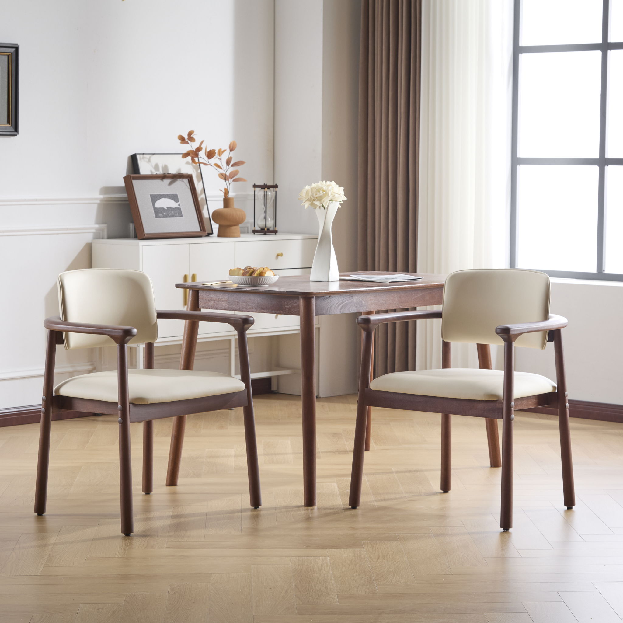 Dining Room Chairs, Ideal For Home & Kitchen (Set of 2) - Beige / Dark Walnut