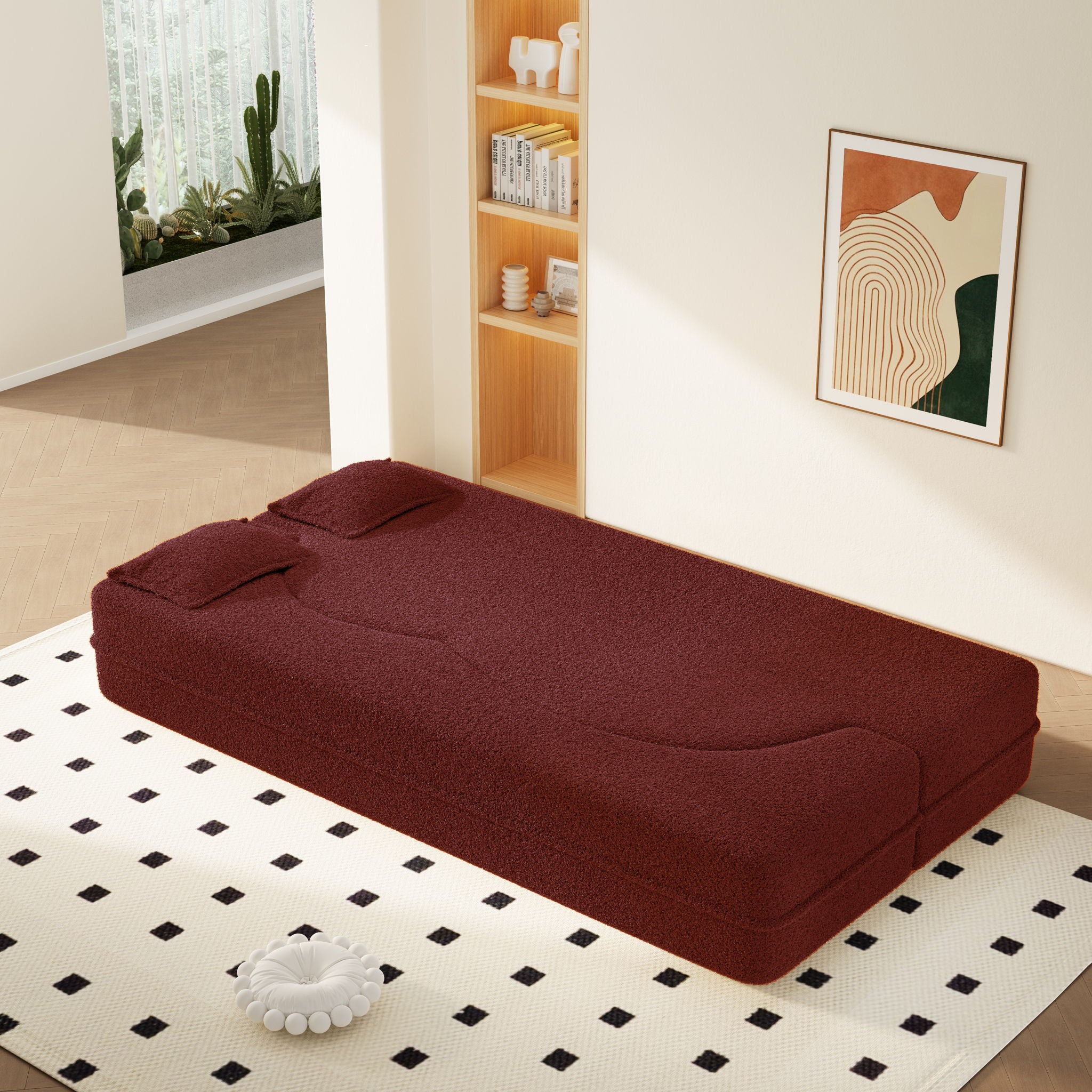 Modern Floor Sleeper Sofa Bed With 2 Pillows, Convertible Twin Size Folding Mattress For Living Room