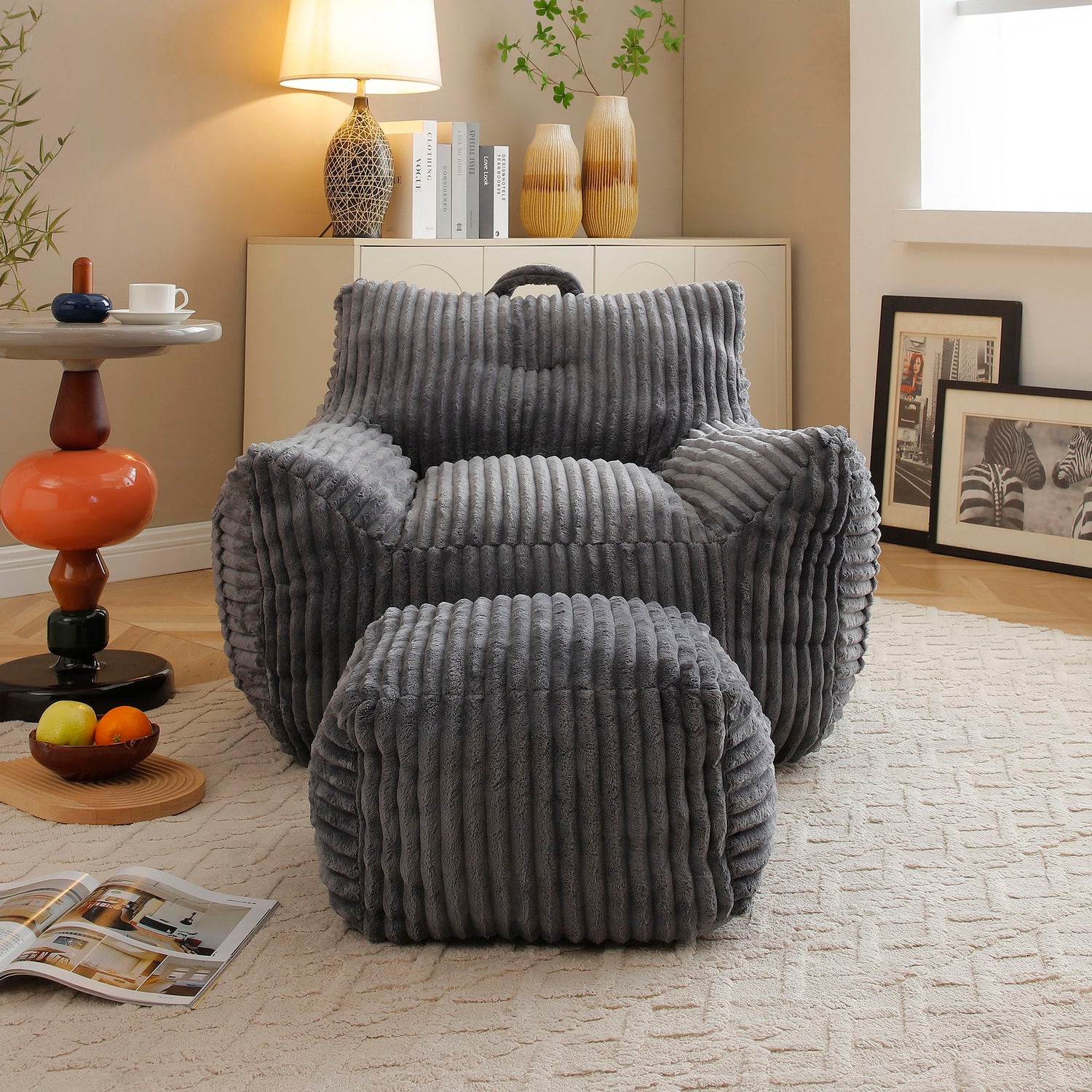 Giant Plush Bean Bag Chair With Armrests And Footstool