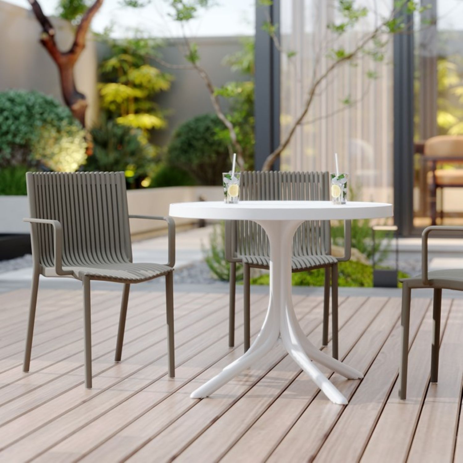 4 Modern Stackable Plastic Armchair Matched With Round Table