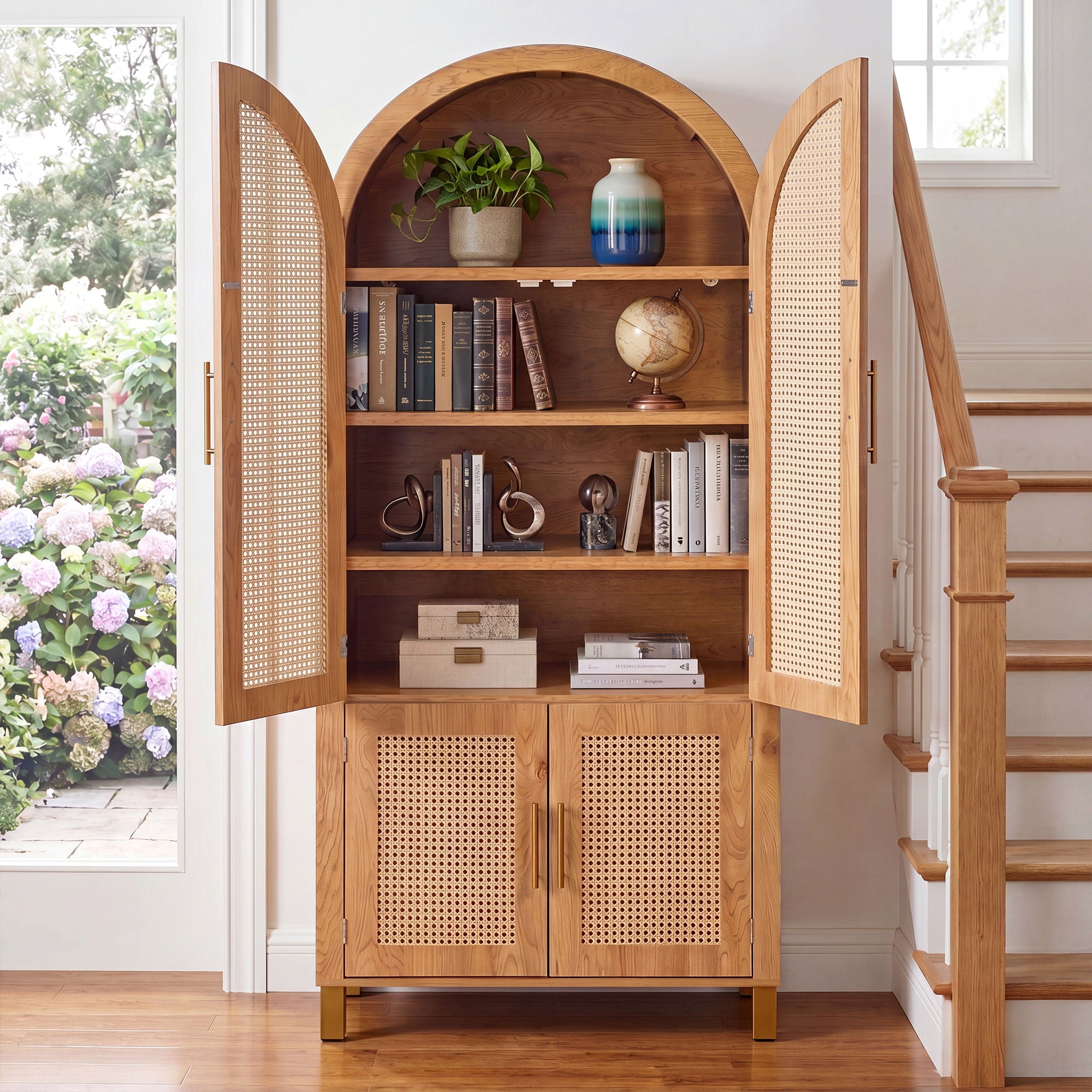 Tall Arched Cabinet With Rattan Doors & Adjustable Shelves