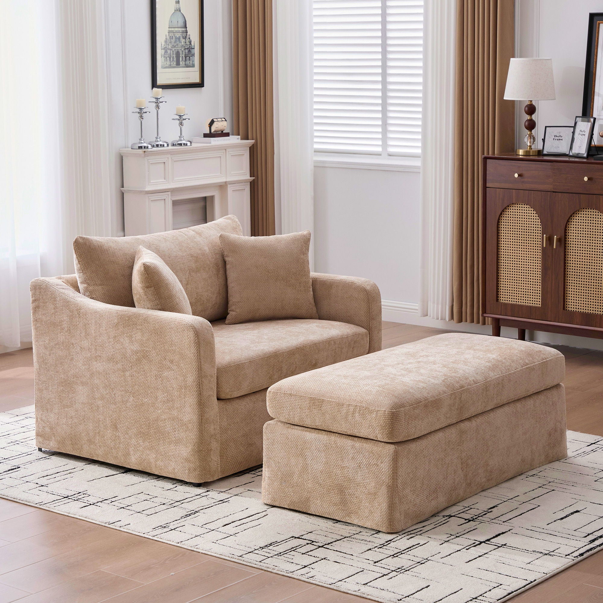 Accent Chair With Ottoman, Includes 2 Bolster Pillows