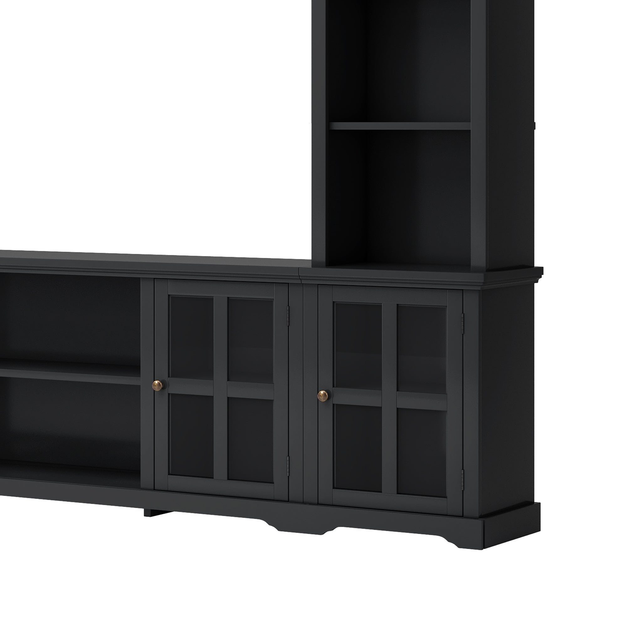 Entertainment Wall Unit with Bridge, Modern TV Console Table for TVs Up to 70" Multifunctional TV Stand with Tempered Glass Door Black