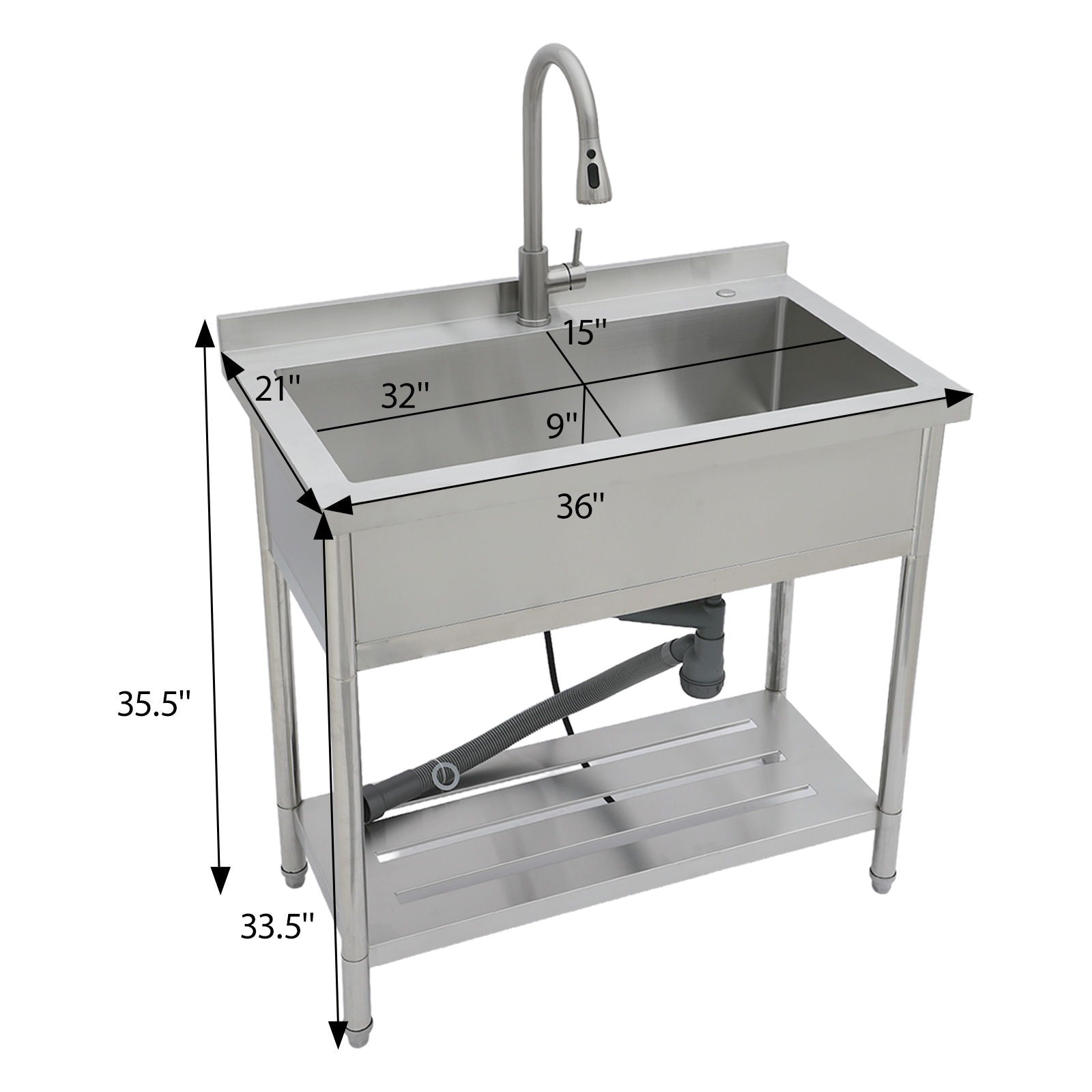 Stainless Steel Freestanding Utility Sink With Pull Out Faucet, Large Single Bowl - Brushed Nickel