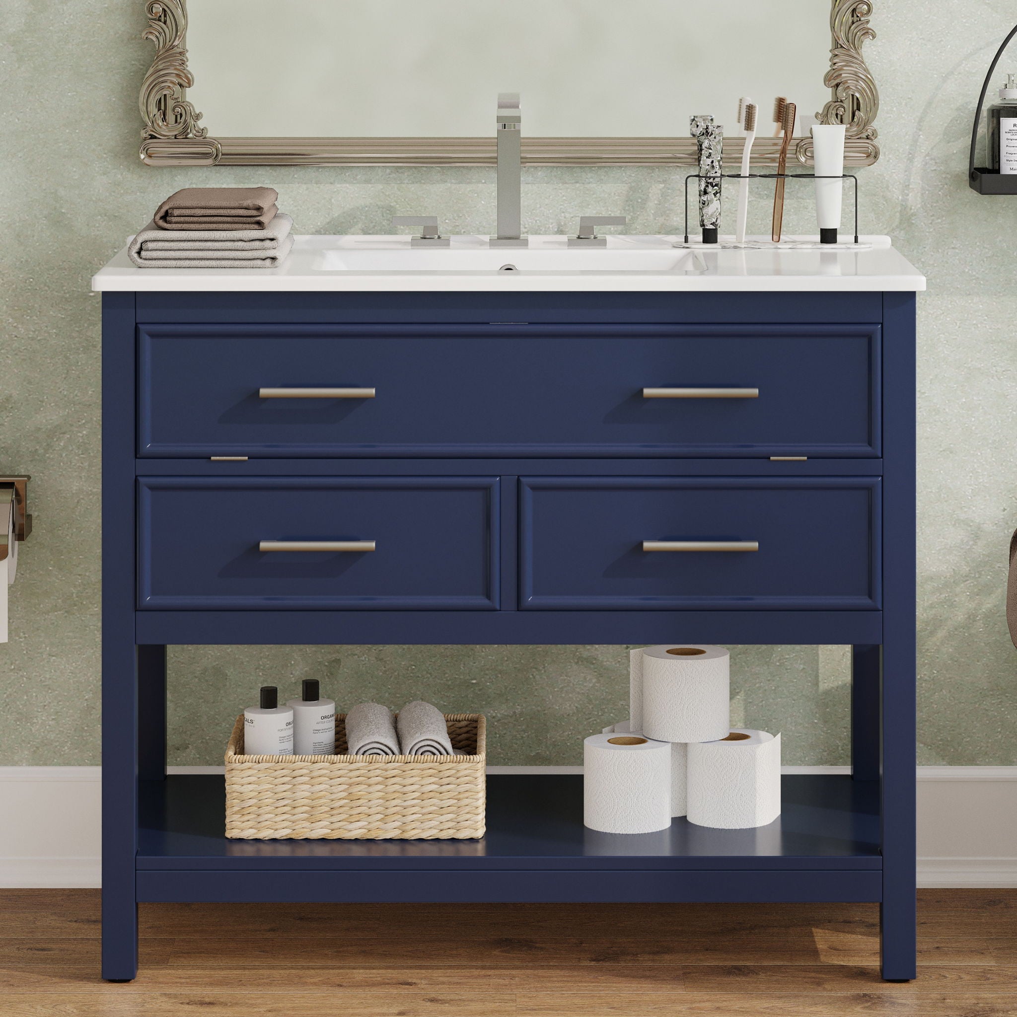 Bathroom Vanity With Ceramic Sink, Tip Out Tray & 2 Full Extension Drawers