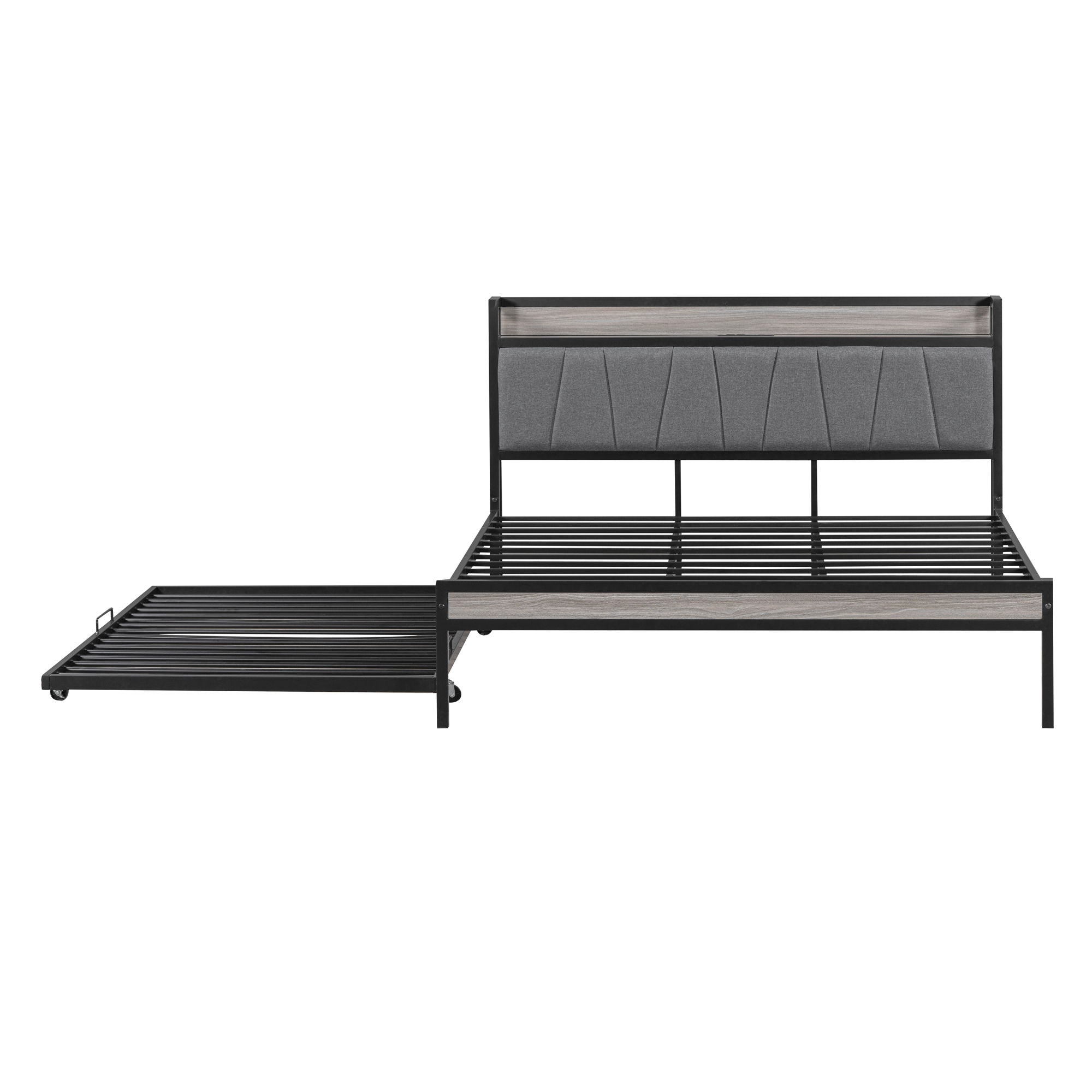 Platform Bed Frame With Trundle, USB Ports And Slat Support, No Box Spring Needed