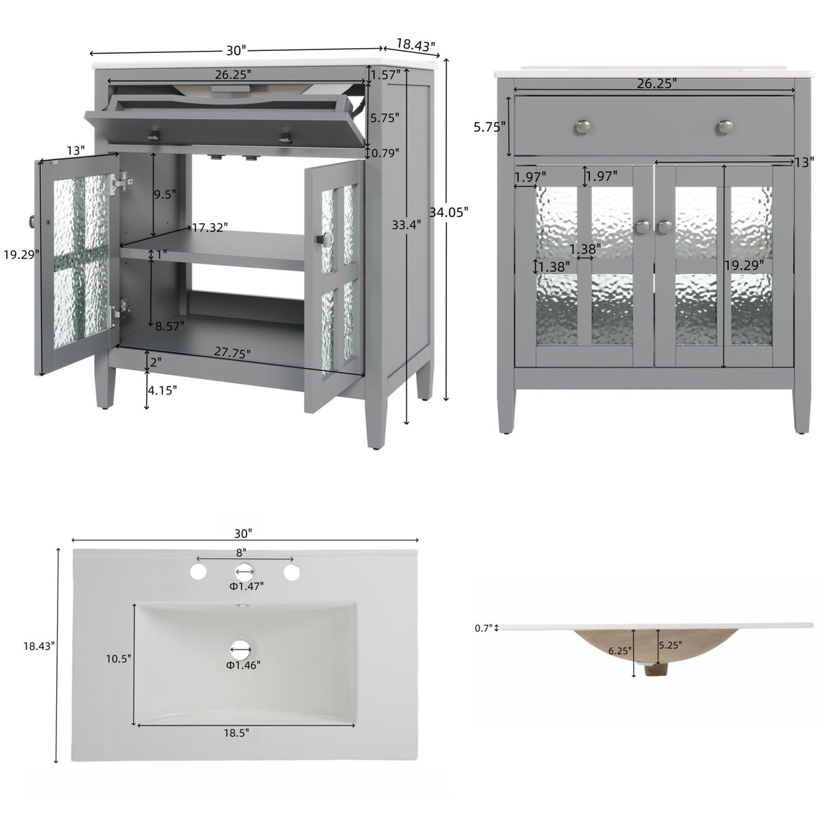 Bathroom Vanity With Ceramic Sink, Adjustable Shelf & Tip Out Tray