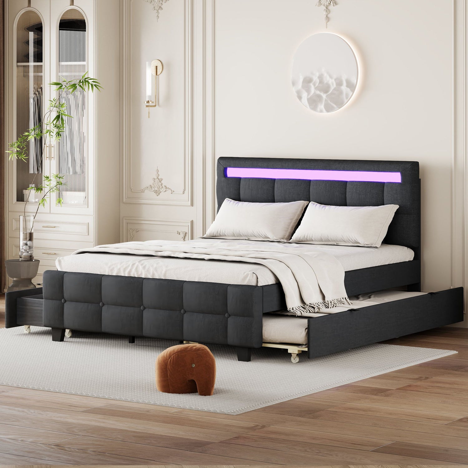 Upholstered Platform Bed With LED Frame, With Trundle And 2 Drawers