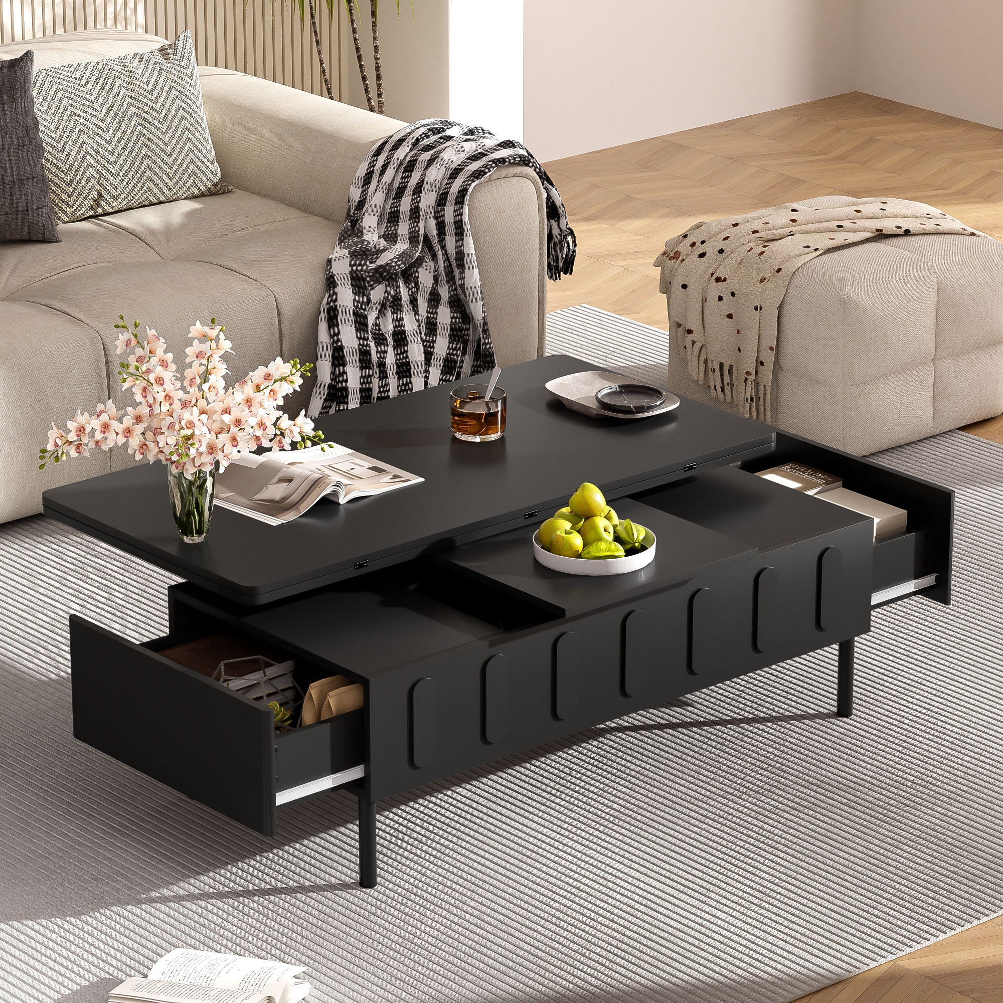 Lift Top Coffee Table With 2 Drawers With Hidden Storage Compartment For Living Room
