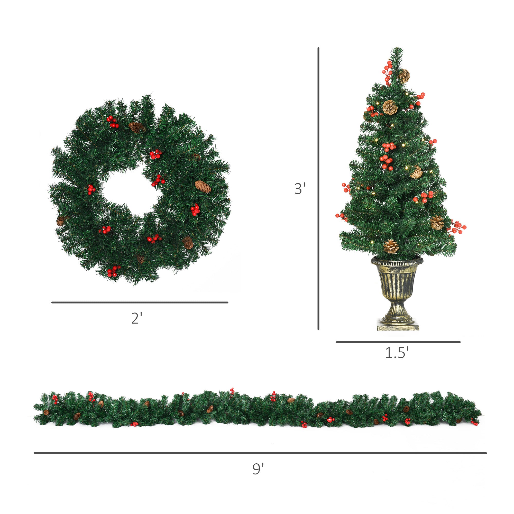 HOMCOM Prelit Holiday Christmas 4-Piece Set, Garland Wreath and Set of 2 Entrance Trees with Warm White LED Lights, Red Berries, Pine Cones, Green