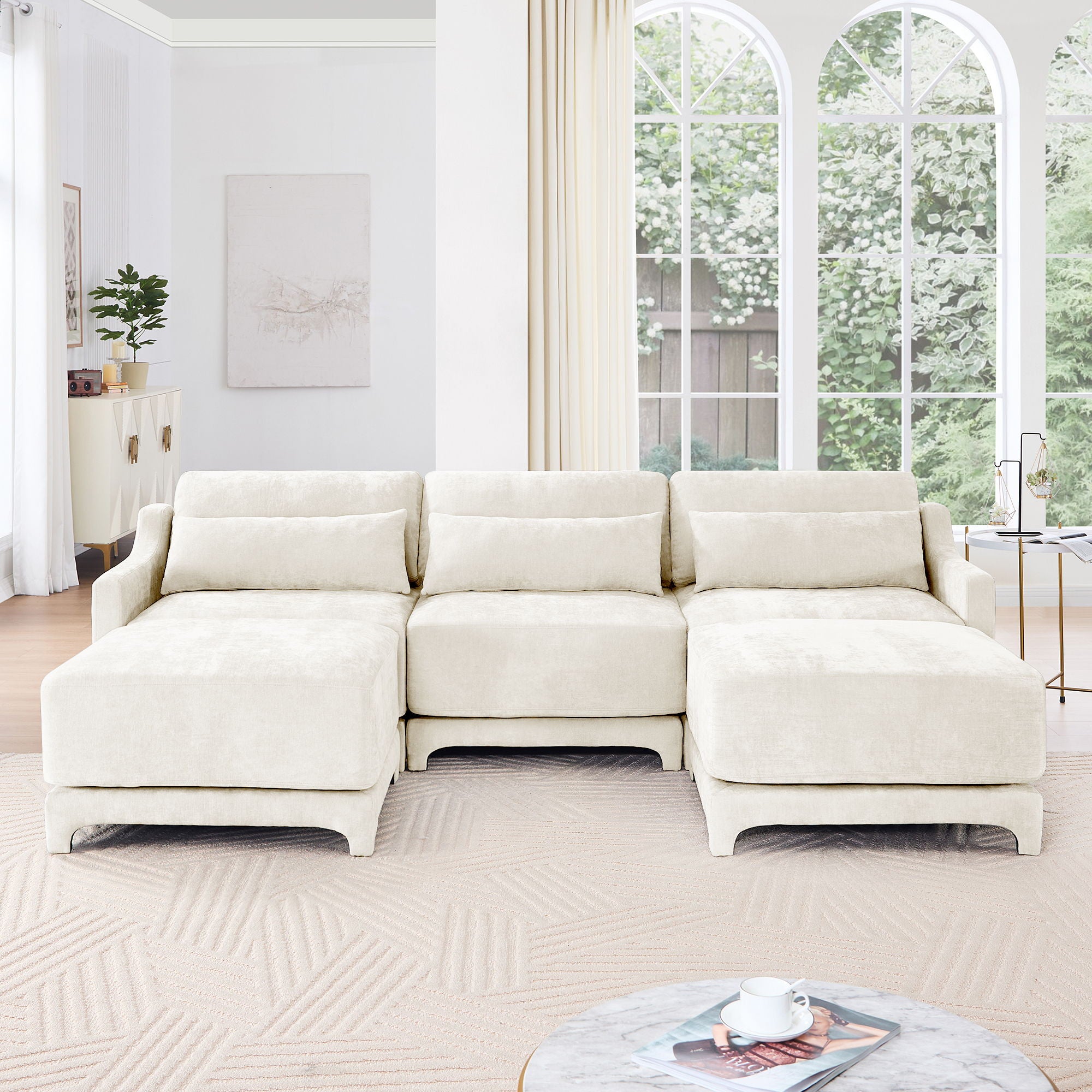 Stylish Sofa With Ottoman And Lumbar Pillows, Ergonomic Design